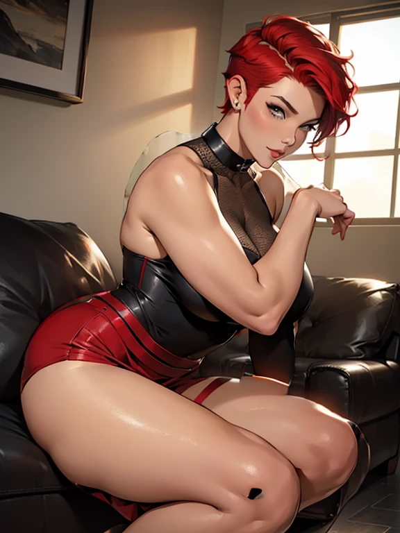 A sultry and seductive plus size woman with short curly, shaved side hairstyle red hair (pixie cut) on her knees posing for pictures