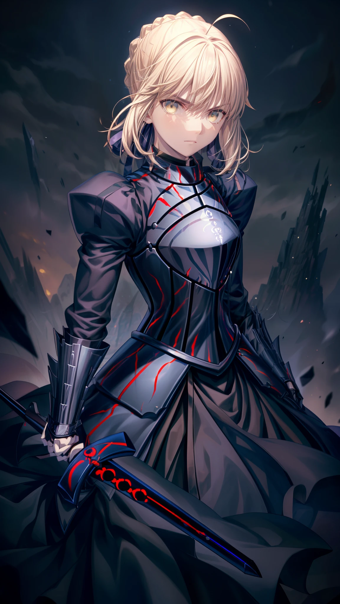 Best quality, Masterpiece, phAlter, phAltoria, 1girll, Solo, Dark weapons, Dark armor dress, Sword of Darkness, view the viewer, Armed with a dark weapon, Dark gloves, Armed with a dark sword, hair between eye, Black dress, chest plate, Black armor, side locks, bangs, french braid, parted lip, Puffy sleeves, Long sleeves, Short hair,