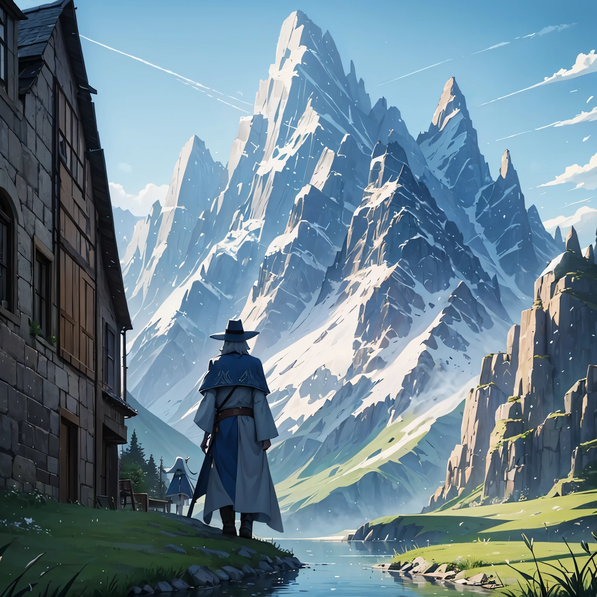 a man together with his wife wearing a wizard's tunic, with a wizard's hat, walking along a medieval style road, with mountains in the background, lake in the background, with the sun reflecting on the place,very detailed, masterpiece, high quality, ultra resolution, 4k hd.