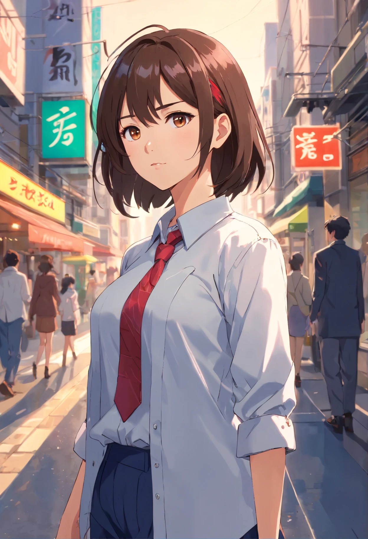 ((Best quality, 8k, Masterpiece :1.3)), Sharp focus :1.2, A pretty woman with perfect figure :1.4, Slender abs :1.2, ((Dark brown hair, Big breasts :1.2)), (White button up long shirt :1.1), City street:1.2, Highly detailed face and skin texture, Detailed eyes, Double eyelid