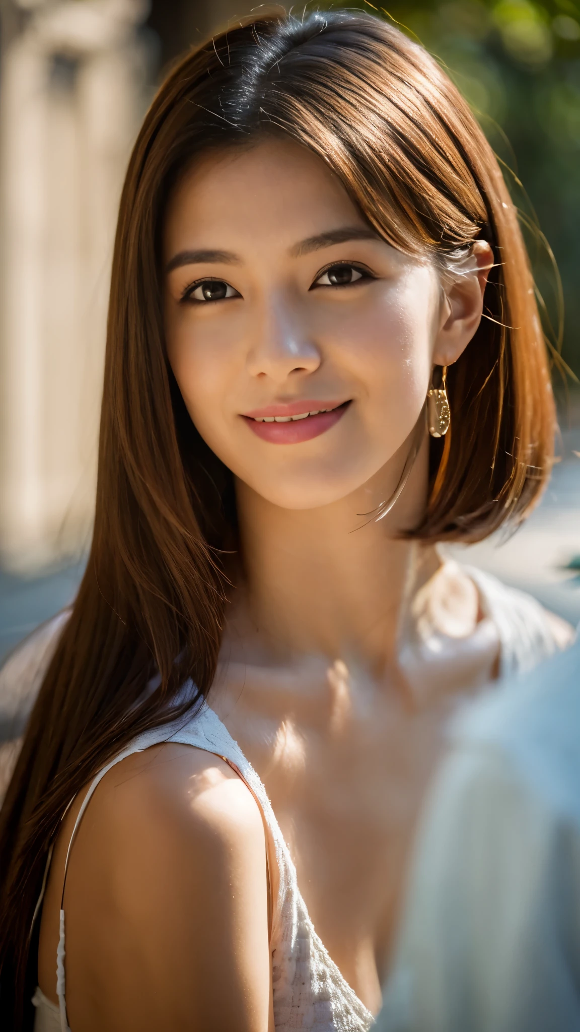 woman posing for a photo, smile, Happy, long hair, straight hair, delicate skin, during the day, hot summer day, natural lighting, detailed face:1.2, sharp focus, Hasselblad Photos, masterpiece, light makeup, cinematic lighting, 4k, highest quality