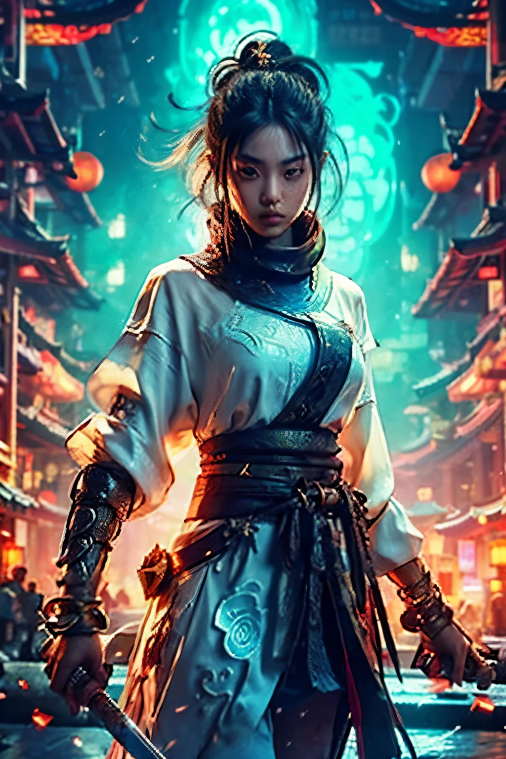 masterpiece, best quality,gorgeous,amazing,epic,1girl,ninja-mask,slim body,kong-fu,black hair,black eyes,Chinese hairstyle,see-through,cinematic Lighting,Accent Lighting,dramatic_shadow,ray_tracing,complex clothes and patterns, fighting,holding knife,hair-bangs,scarf
