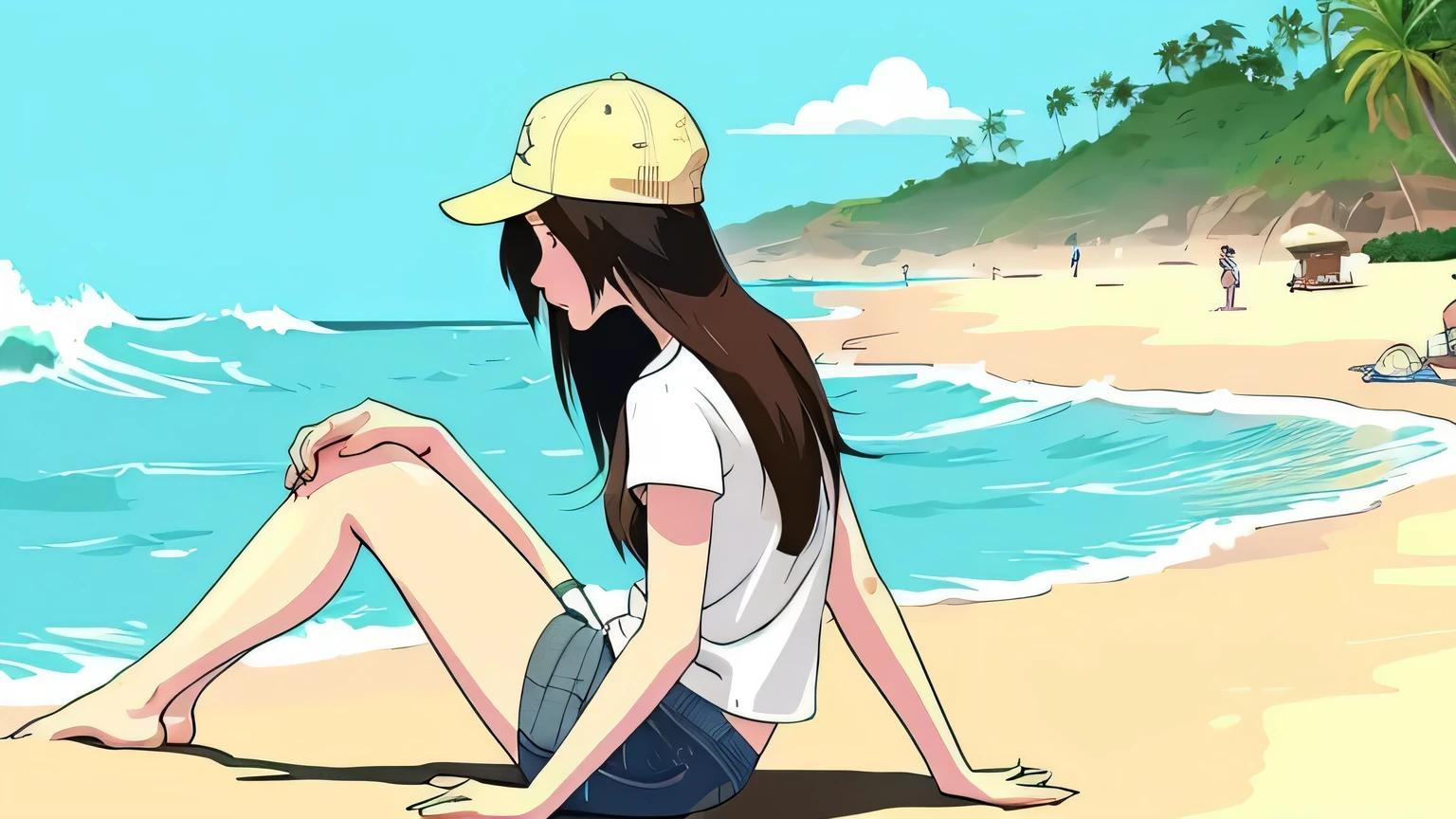 sandy beach painting　A drawing of the back view of an anime-style sitting woman wearing a T-shirt and jeans wearing a cap　anime style　The background is the sea
