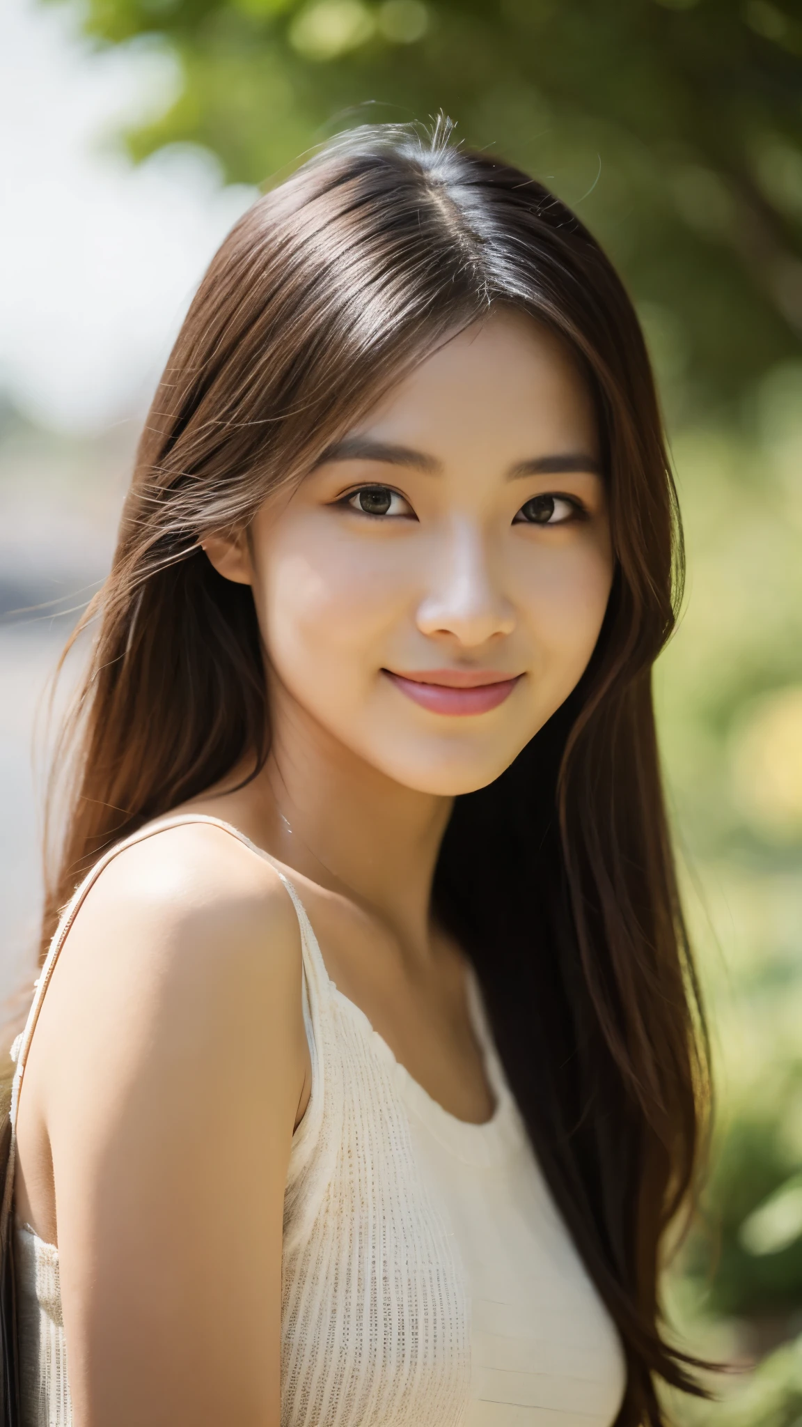 woman posing for a photo, smile, Happy, long hair, straight hair, delicate skin, during the day, hot summer day, natural lighting, detailed face:1.2, sharp focus, Hasselblad Photos, masterpiece, light makeup, cinematic lighting, 4k, highest quality