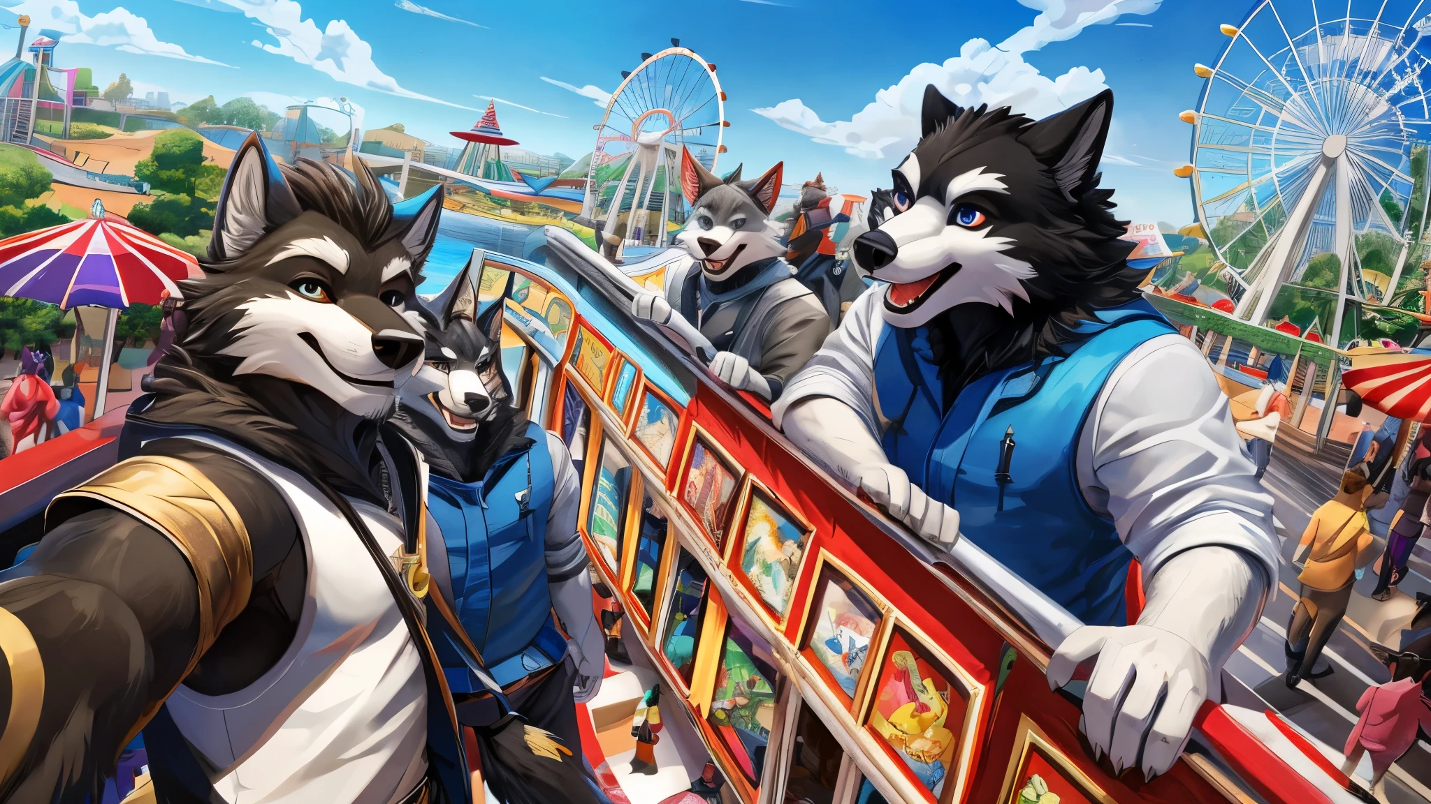 dynamic pose, absurdres(highly detailed beautiful face and eyes)perfect anatomy, (ultra detailed), sharp focus, niji, eyesgod, black eye, furry, white beard, anthro (wolf), male, middle-aged, white belly, black fur, high quality illustrations, detailed background, group shot, 6+boys, Happy, joyful, (Photos taken with friends), (best quality), (masterpiece), high details, award winning, highres, HD, 16k, sit on the top of the ferris wheel at theme park, background is wide view of theme park from above with blue sky clouds, selfie, (far from camera :0.5)