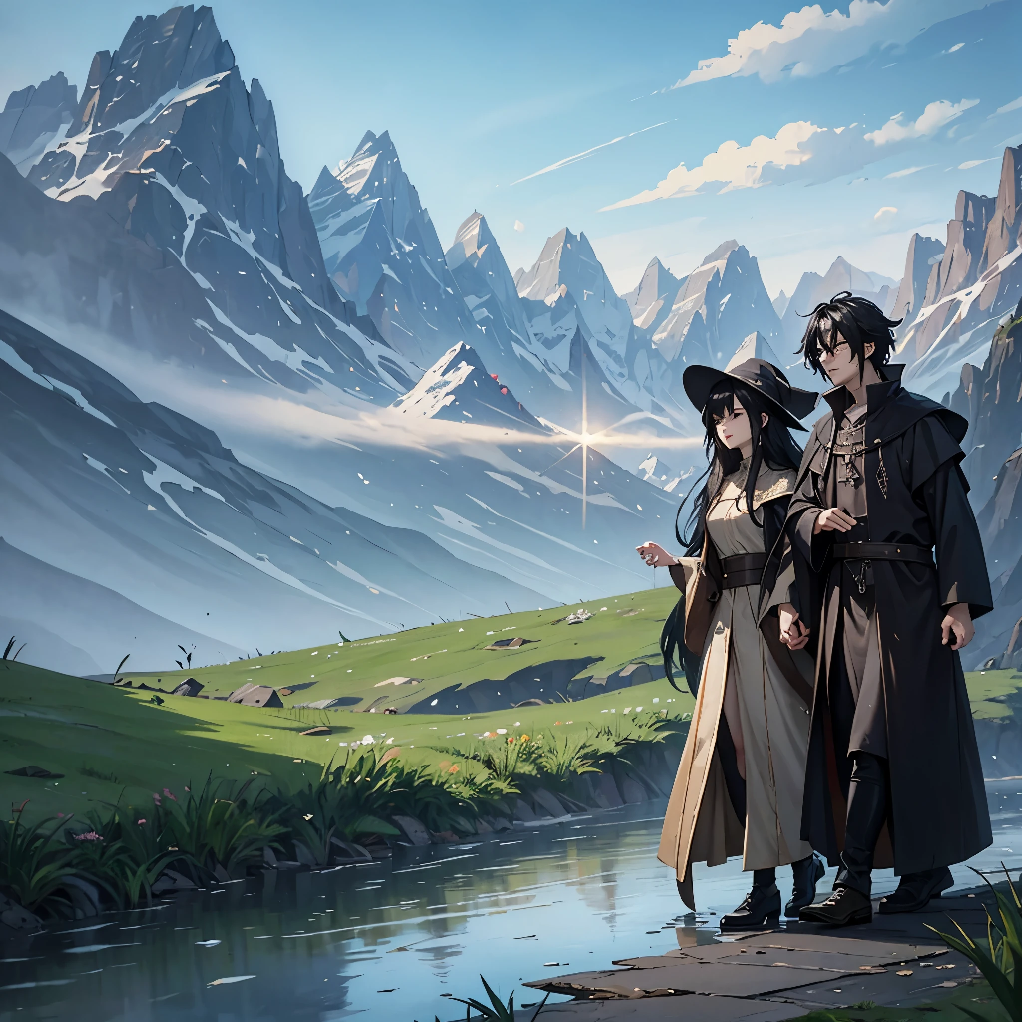 a man together with his wife wearing a wizard's tunic, hair black, with a wizard's hat, walking along a medieval style road, with mountains in the background, lake in the background, with the sun reflecting on the place,very detailed, masterpiece, high quality, ultra resolution, 4k hd.
