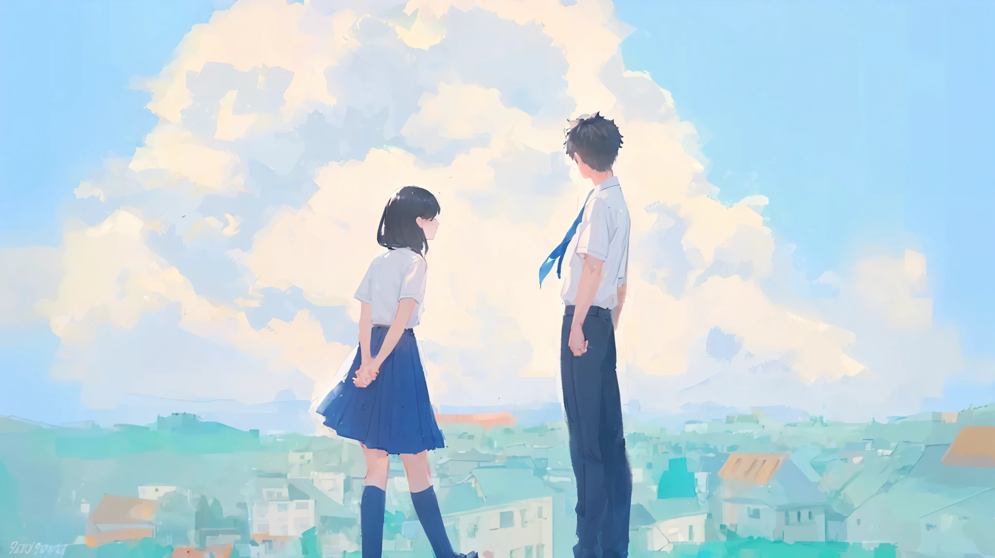 girl and boy student wearing , black hair, blue sky, ultra detailed, 8k, masterpiece, ultra high res