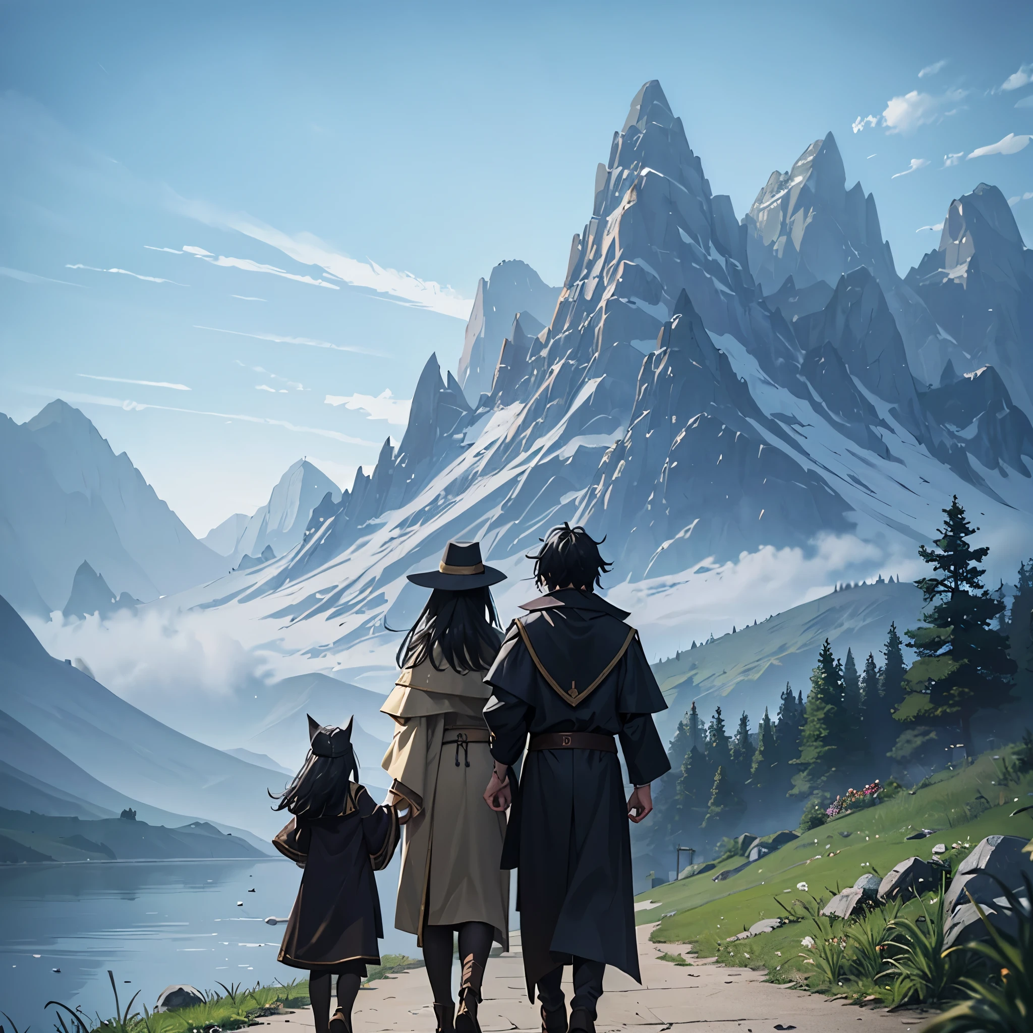 a man together with his wife wearing a wizard's tunic, hair black, with a wizard's hat, walking along a medieval style road, with mountains in the background, lake in the background, with the sun reflecting on the place,very detailed, masterpiece, high quality, ultra resolution, 4k hd.
