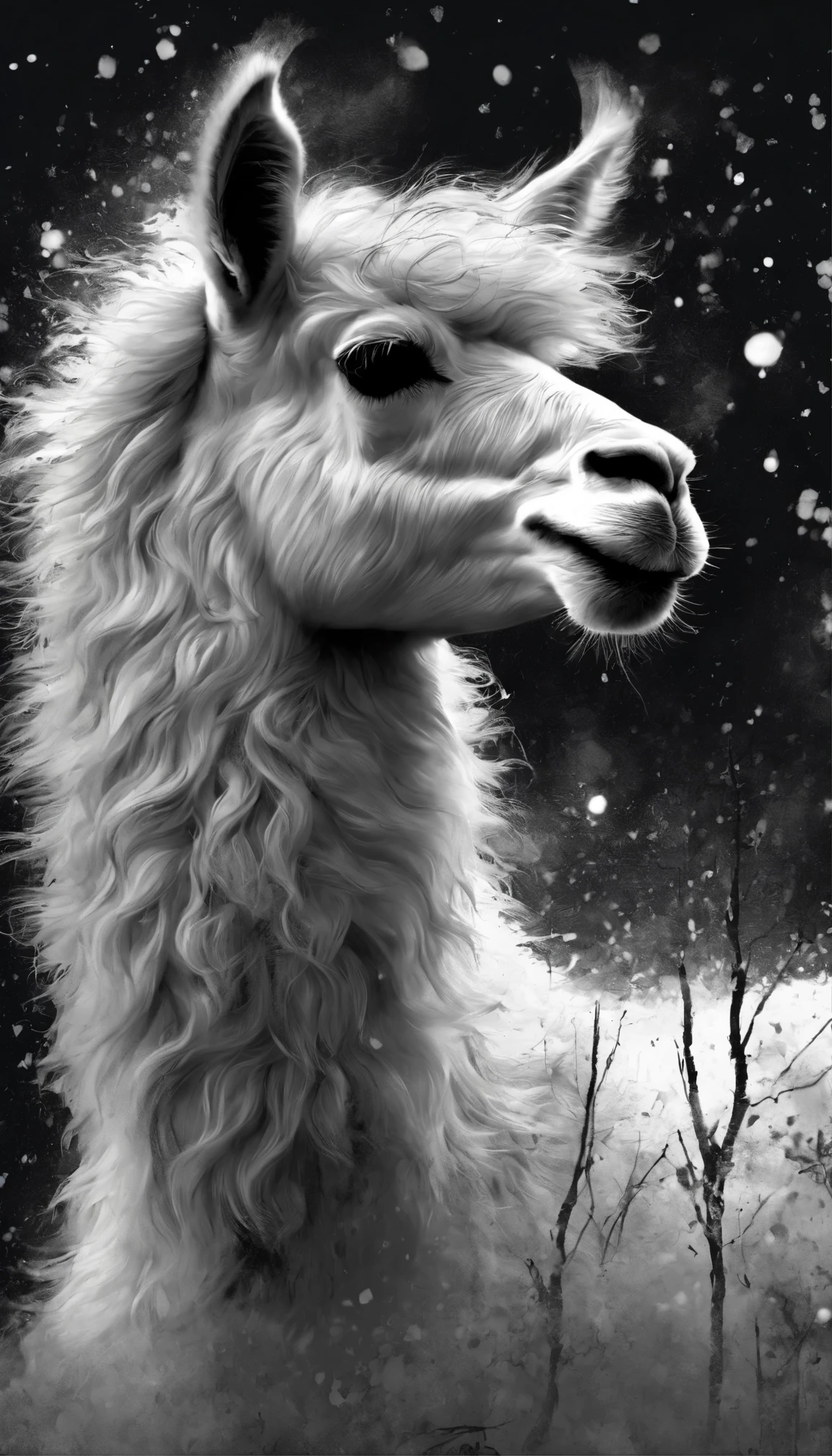 (((In dark fantasy ink splatter art:1.3))), beautiful alpaca, Mesmerizingly beautiful scenery appears, Chaotic black strokes ink splatter, Intricate details blend into the world of the ethereal forest, Otherworldly creatures, insanely beautifu, Gongbi, Every stroke exudes a charming feeling, extraordinary creation, Whether it is ink painting or oil painting, Master stunning details, pure brilliance, Creepy atmosphere ink splatter coating,