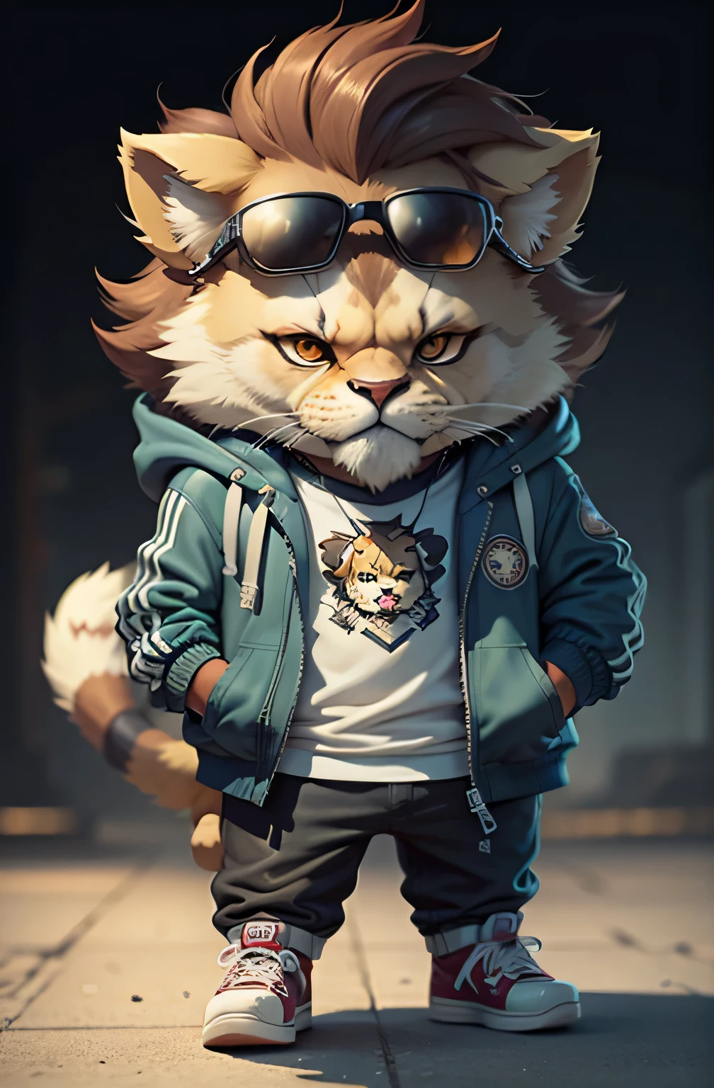 C4tt4stic, Cartoon lion in jacket and skateboard, Sunglasses, cute, chuby, plumpy, dynamic background