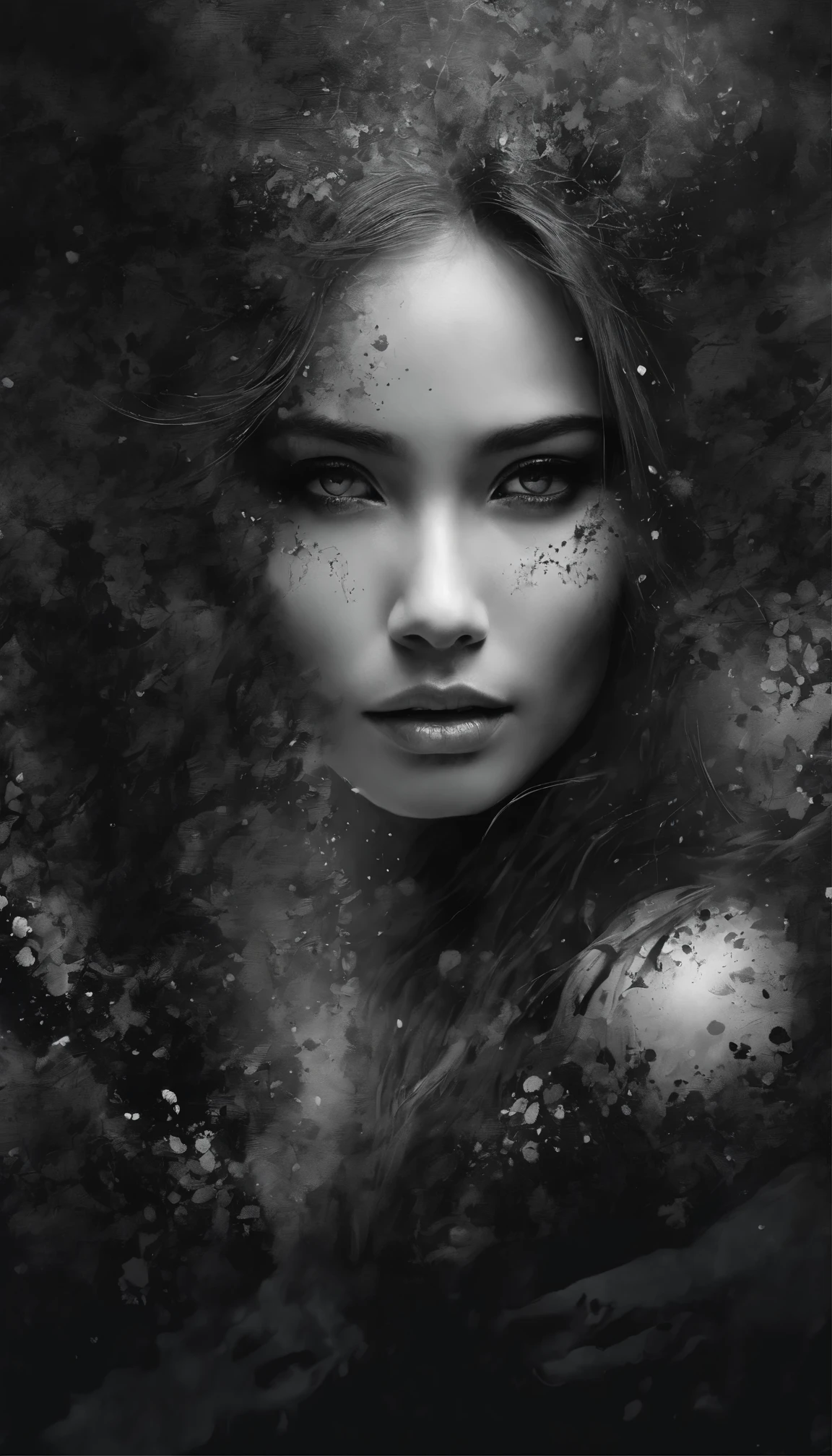 (((In dark fantasy ink splatter art:1.3))), Beautiful girlfriend portrait, Mesmerizingly beautiful scenery appears, Chaotic black strokes ink splatter, Intricate details blend into the world of the ethereal forest, Otherworldly creatures, insanely beautifu, Gongbi, Every stroke exudes a charming feeling, extraordinary creation, Whether it is ink painting or oil painting, Master stunning details, pure brilliance, Creepy atmosphere ink splatter coating,