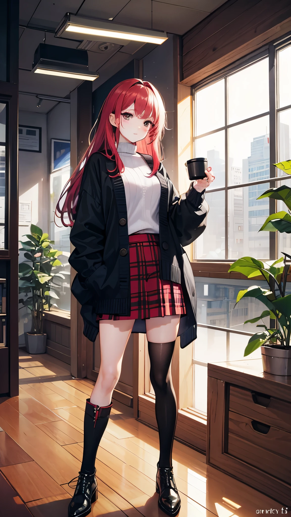 indoors, portrait, 25 year old woman holding a coffee cup, black cropped knit cardigan, arm:1, dark red narrow skirt with black plaid, black knee-high suede boots, Standing next to the office window