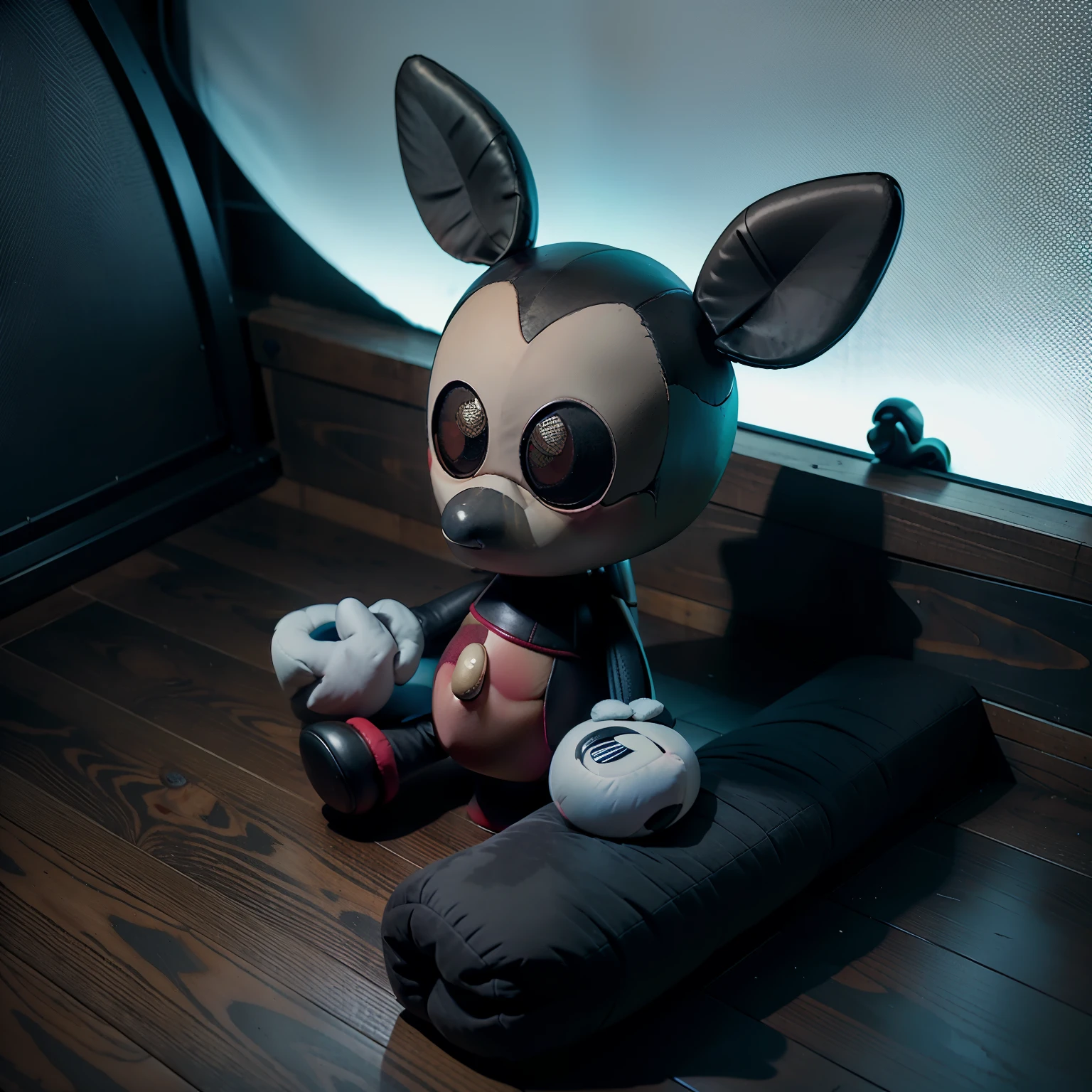 Mickey Mouse, no legs, legless, missing legs, stump leg, blue eyes, open smile, big and wide mouth, sitting on a chair, plushieStyle, concrete walls