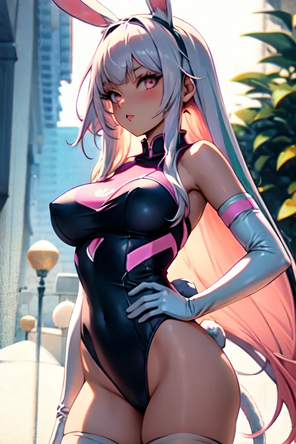 ((best quality)), ((masterpiece)), (detailed), perfect face, 1girl, solo, long hair, breasts, looking at viewer, bangs, large breasts, thighhighs, gloves, animal ears, bare shoulders, medium breasts, tail, pink hair, flower, white hair, multicolored hair, elbow gloves, white gloves, pink eyes, rabbit ears, blurry, white thighhighs, leotard, hand on hip, gradient hair, blurry background, highleg, highleg leotard, white leotard, anime