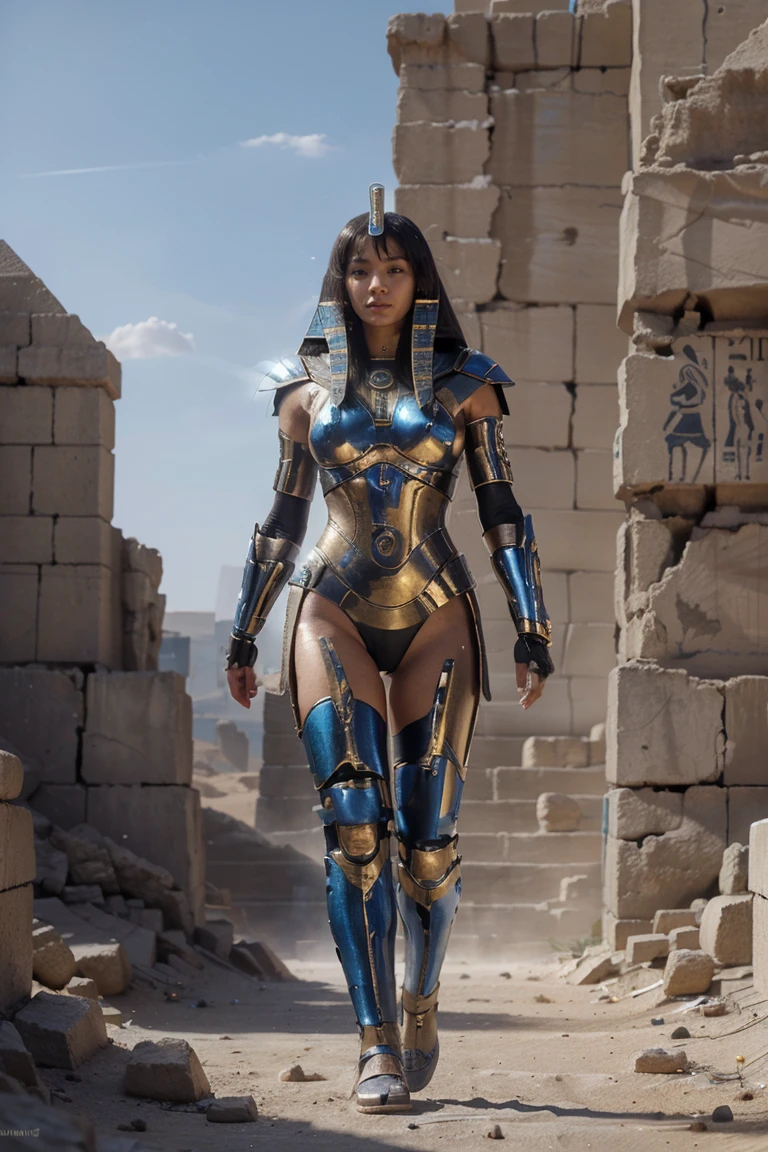 ultra high resolution、master piece、realistic pictures、32k,Egyptian goddess walking in ancient Egypt、A battle suit with complex technology , futuristic city of ancient egypt、cyber-、Light and shadow、blue light、Flying Energy、fragment of the pyramid