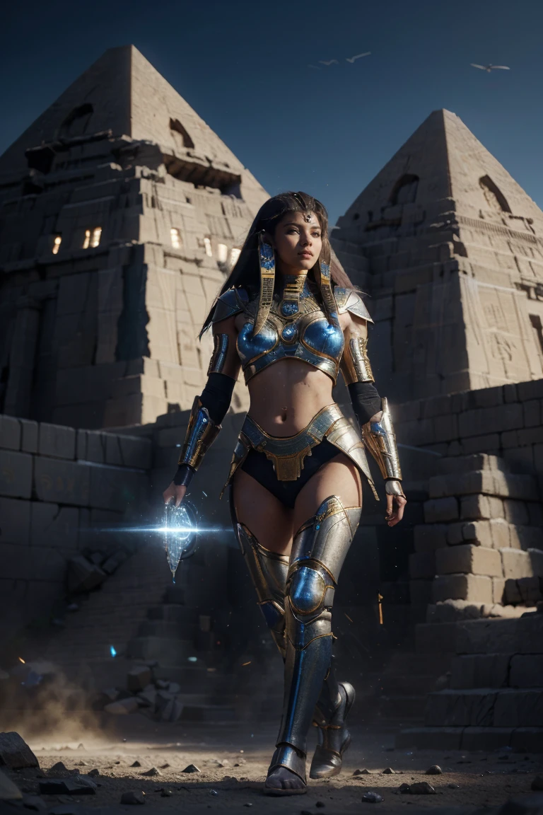 ultra high resolution、master piece、realistic pictures、32k,Egyptian goddess walking in ancient Egypt、A battle suit with complex technology , futuristic city of ancient egypt、cyber-、Light and shadow、blue light、Flying Energy、fragment of the pyramid