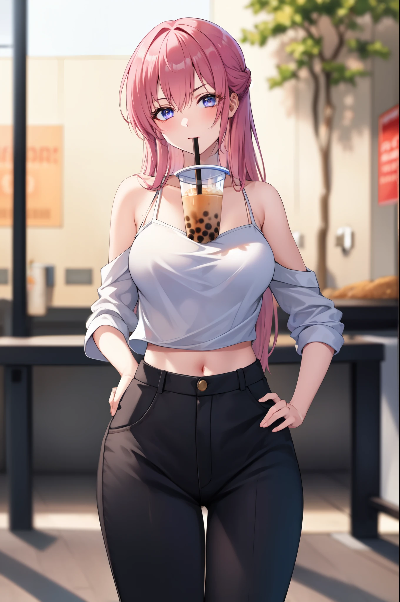 extremely detailed fine touch, natural light, sun light, light rays, dappled light, reflection, shadows, ray tracing, masterpiece, best quality, highly detailed, kaori, 1girl, bangs, bare shoulders, blurry, blurry background, breasts, bubble tea, bubble tea challenge, cup, day, depth of field, disposable cup, drink, drinking, drinking straw, eyebrows visible through hair, hand on hip, high-waist pants, large breasts, long hair, looking at viewer, midriff, navel, outdoors