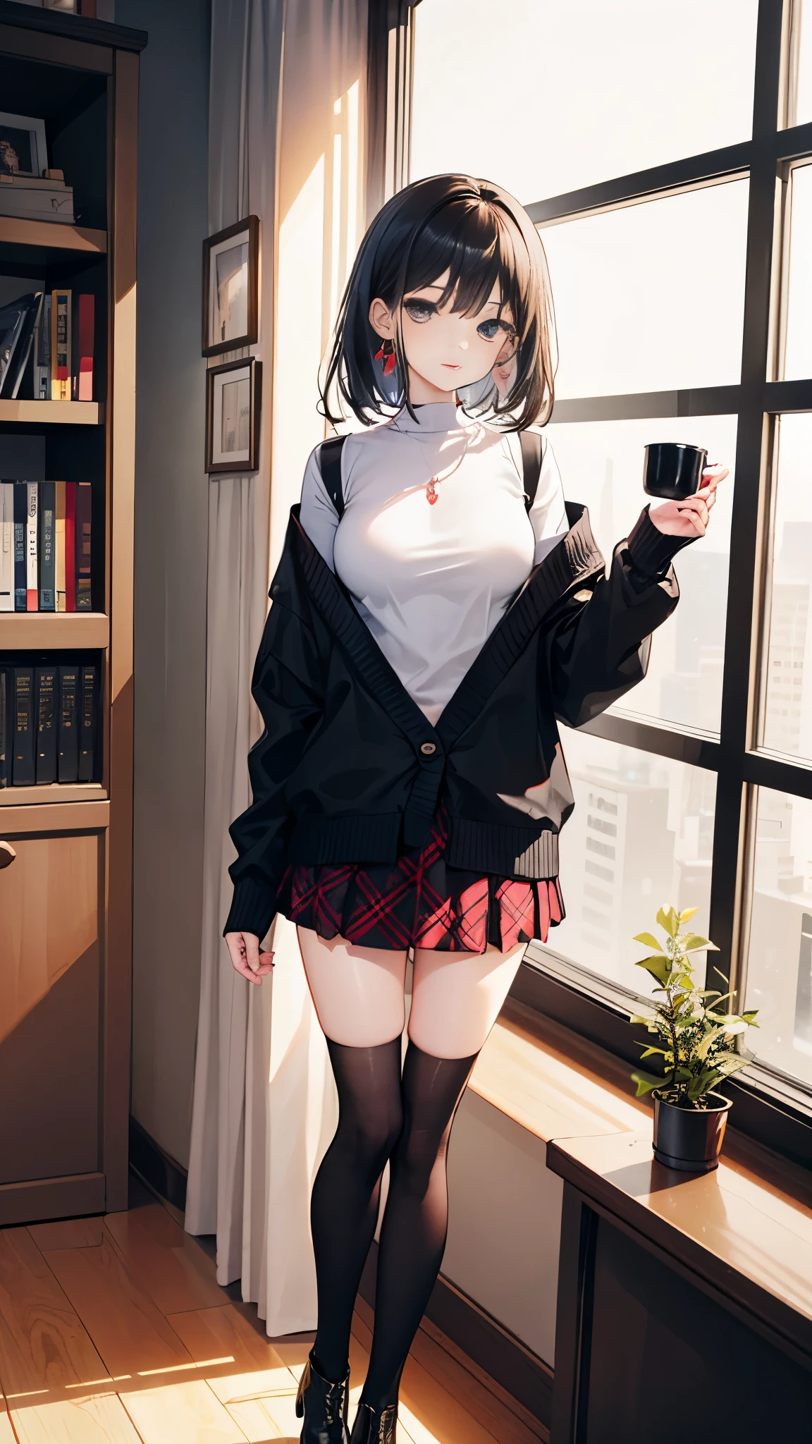 indoors, portrait, 25 year old woman holding a coffee cup, black cropped knit cardigan, arm:1, dark red narrow skirt with black plaid, black knee-high suede boots, Standing next to the office window