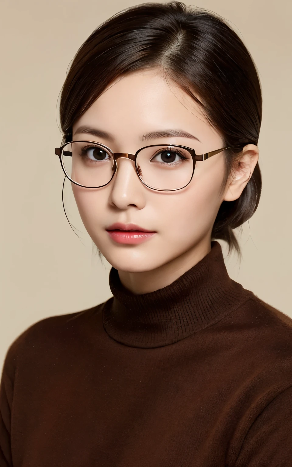 there is a 35 years old chinese woman with glasses and a brown sweater posing for a picture, fair skin, short hair.