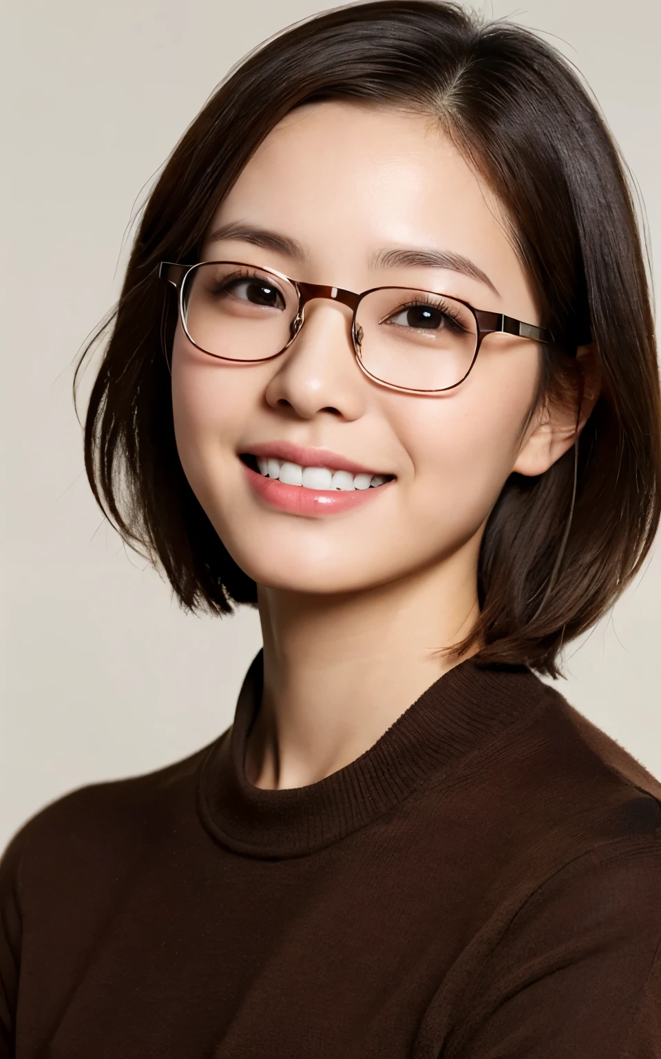 there is a 35 years old Chinese woman with glasses and a brown sweater posing for a picture, fair skin, short hair. realistic skin material, professional photo. sexy smile, half body, medium breasts.