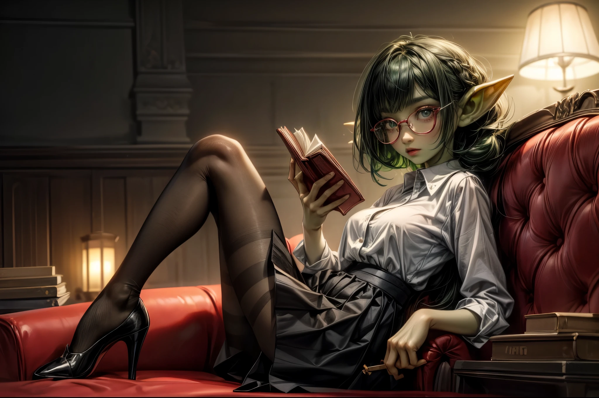 ((best quality)), ((masterpiece)), (detailed), perfect face, very short girl wearing white button down shirt and black skirt, green skin, pointy ears, wearing black silk pantyhose and black pumps, very shy, wearing black rimmed glasses, short dark green hair, sitting in a red leather couch holding a large book, legs together, two legs, perfect legs
