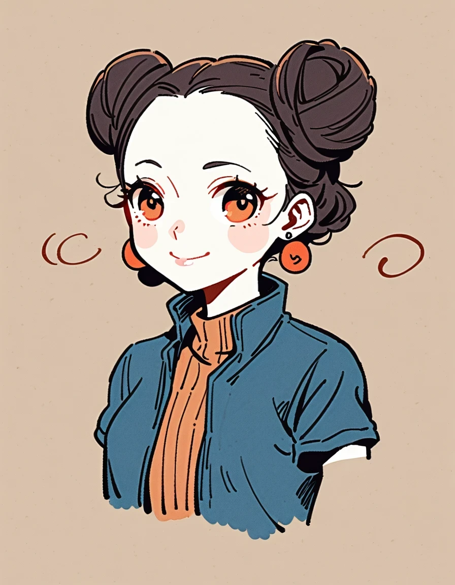 Flat illustration style playful and cool Chinese girl with black ancient bun hairstyle, wearing gentle blue jacket, earrings, smiling face, white skin, short hair, beige background, 