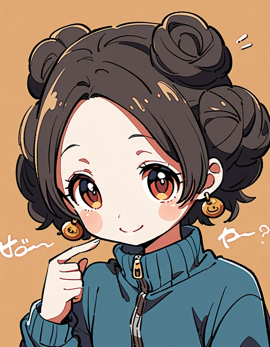 Flat illustration style playful and cool Chinese girl with black ancient bun hairstyle, wearing gentle blue jacket, earrings, smiling face, white skin, short hair, beige background, 