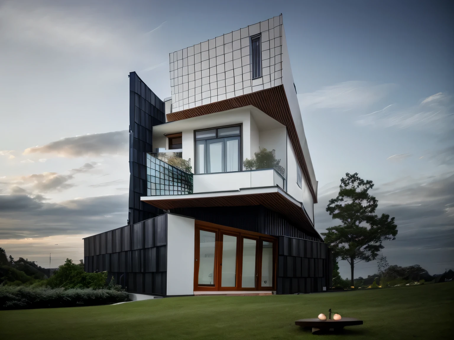 villa modern,night, Realistic, exterior, sunlight, house, RAW photo, 8k uhd, dslr, (high detailed skin:1.3), soft lighting, ultra quality, film grain, Fujifilm XT3, sharp image, best quality, authentic, hight quality, a view of a modern house with a front yard, grass, wooden ceiling, downligh, large modern residence, modern architecture, contemporary architecture, modern architecture design, modern design, luxury architecture, contemporary house, ultra modern, contemporary design, stunning architecture, bold architecture, modern house, architectural shot, arhitectural shot, contemporary masterpiece, award winning contemporary, imposing architecture, elegant architecture, vray rendering. people, tree.