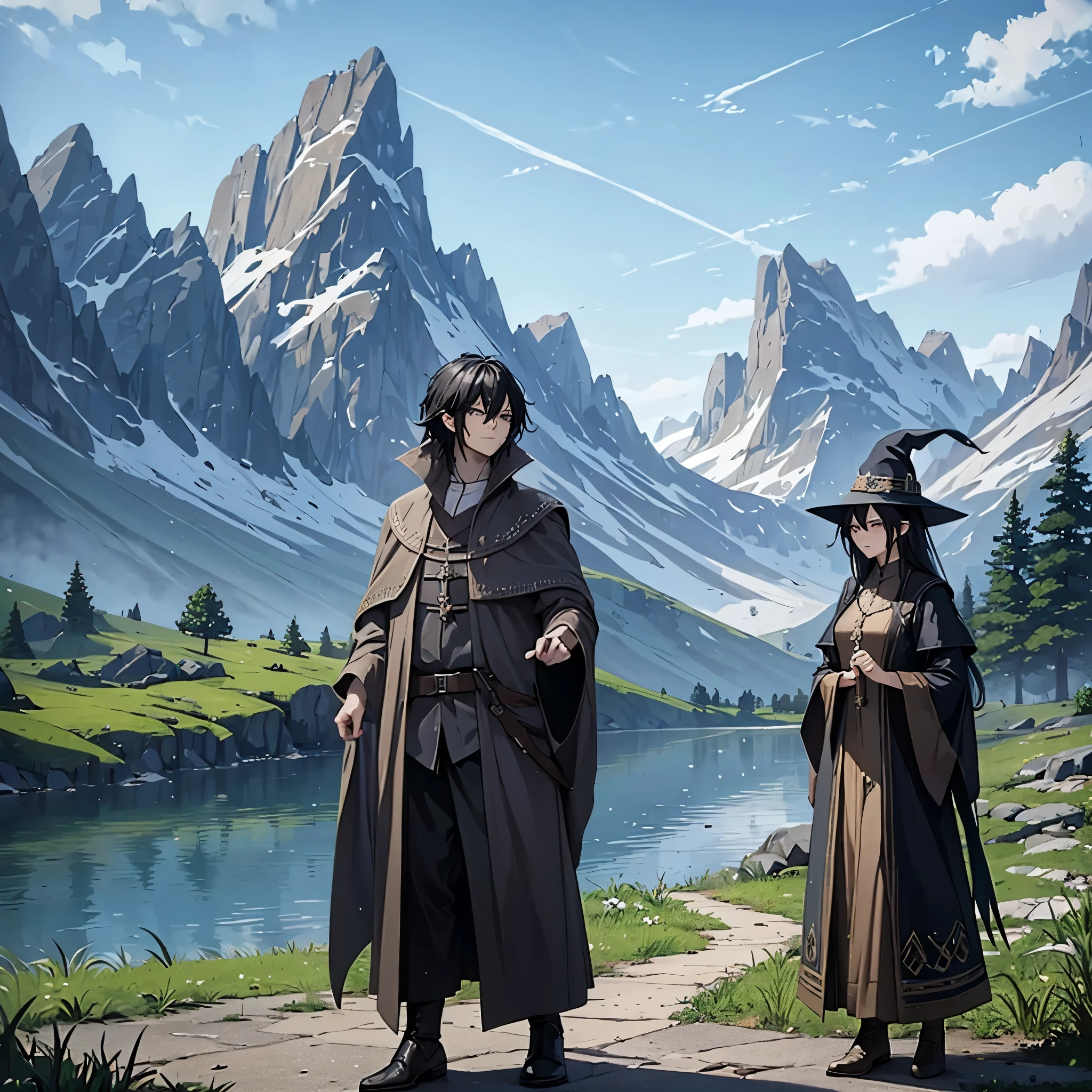 a man together with his wife wearing a wizard's tunic, hair black, with a wizard's hat, walking along a medieval style road, with mountains in the background, lake in the background, with the sun reflecting on the place,very detailed, masterpiece, high quality, ultra resolution, 4k hd.
