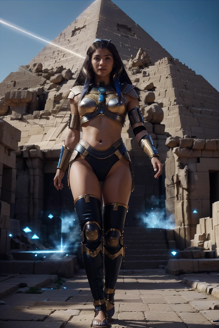 ultra high resolution、master piece、realistic pictures、32k,Egyptian goddess walking in ancient Egypt、A battle suit with complex technology , futuristic city of ancient egypt、cyber-、Light and shadow、blue light、Flying Energy、fragment of the pyramid