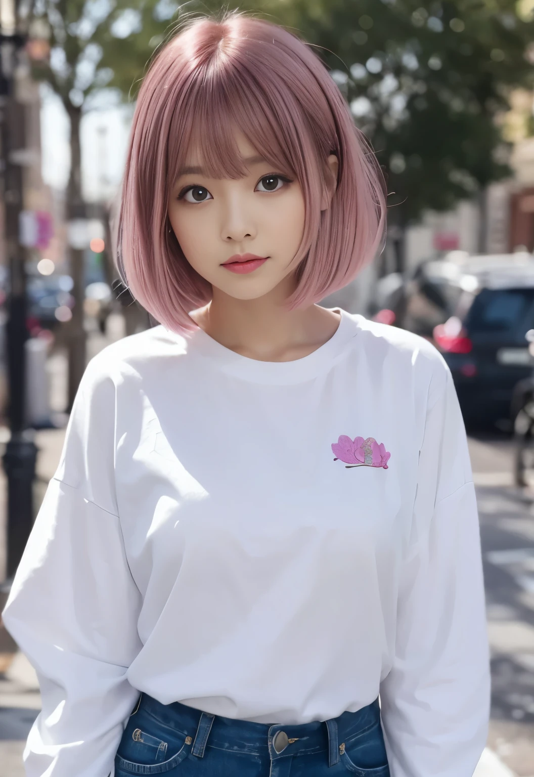 A woman walking, passing by, Dark sweatpants, white T-shirt, Beautiful woman with short pink hair, city streets background, Delicate facial features, perfect body, BREAK, (Masterpiece:1.2), best quality, (illustration:1.2), (ultra-detailed), (intricate details), (photo realistic), (Ridiculous resolution), (cinematic light, best quality backlights),