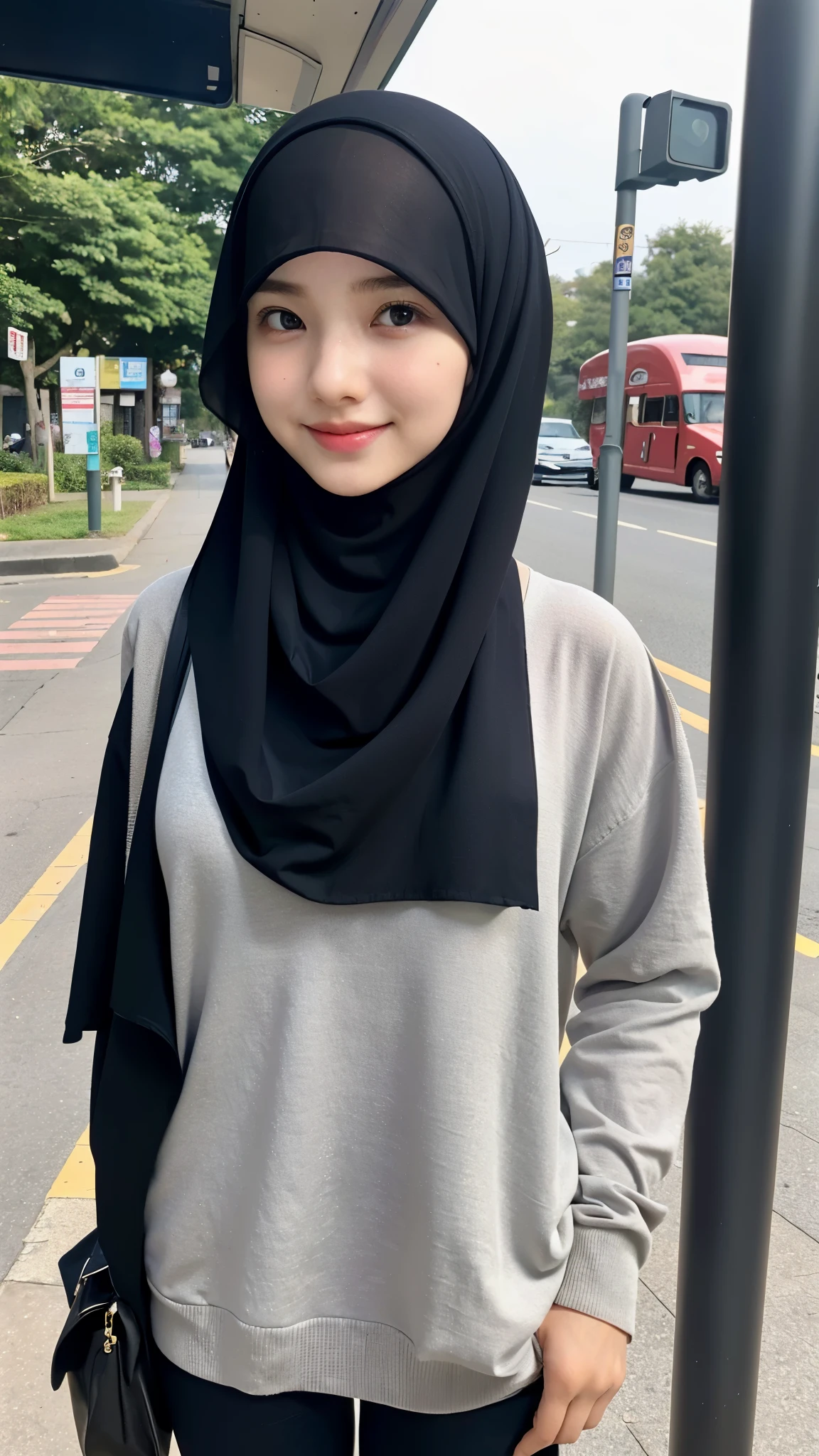 ((best quality)), ((masterpiece)), 1 girl, perfect face, indonesia, hijab, sharp nose, smile, full body, bus stop, selfie