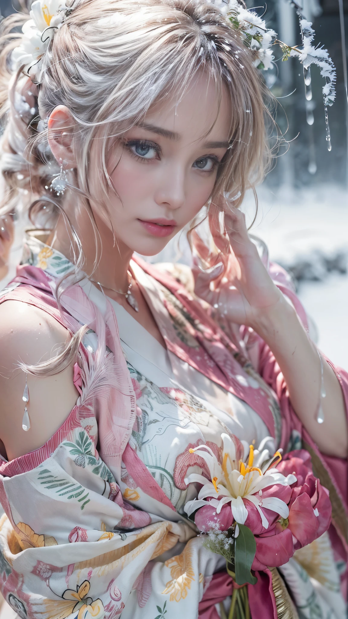 (RAW shooting, Photoreal:1.5, 8K, highest quality, masterpiece, ultra high resolution), ((((heavy snow, Blizzard)))), Highly detailed skin and facial textures:1.3, perfect dynamic composition:1.2, (In front of a shrine at night in a modern city, expression of sadness:1.0, Tears are flowing:1.0, cry with a broken heart:1.0), Slim office lady wet in the rain:1.3, cowboy shot, Fair skin:1.2, sexy beauty:1.1, perfect style:1.2, beautiful and aesthetic:1.1, very beautiful face:1.2, water droplets on the skin, (rain drips all over my body:1.2, wet body:1.2, wet hair:1.3), (Professional kimono dressing:1.1, Holding a bouquet of wet lilies:1.2, Wearing a wet pink kimono correctly:1.3), (Medium chest, Bra is transparent, Chest gap), (Eyes that feel beautiful eros:0.9, Too erotic:0.9, Bewitching:0.9), necklace, earrings, bracelet, wedding ring, Highly detailed hand and finger expressions