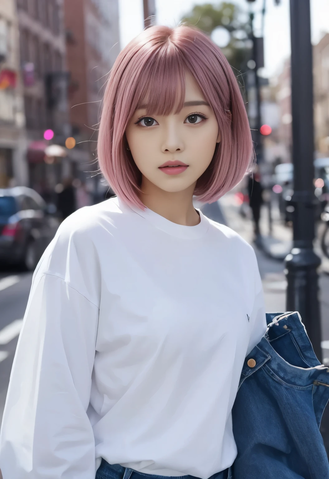 Smaller T-shirt、Tight jeans、Pink Shortcut Bob、Realistic rabbit ears、Realistic ears of rabbits sticking out of the head、Pink hair、Bewitching atmosphere、Beautiful shaped hands、K-POP、Pink rabbit ears、1 girl in、独奏、​masterpiece、top-quality、realisitic、Hyper-detailing、(Glossy skin:1.4)、absurderes、short pink hair、Slender beauties、动态照明、hight resolution、foco nítido、depth of fields、(thick thight:1.0)、A slender :1.2、((Short-cut bob hair))、((k pop:1.3))、Highly detailed facial and skin texture、((魅惑的))、Anatomically correct number of fingers、Correct anatomy、
