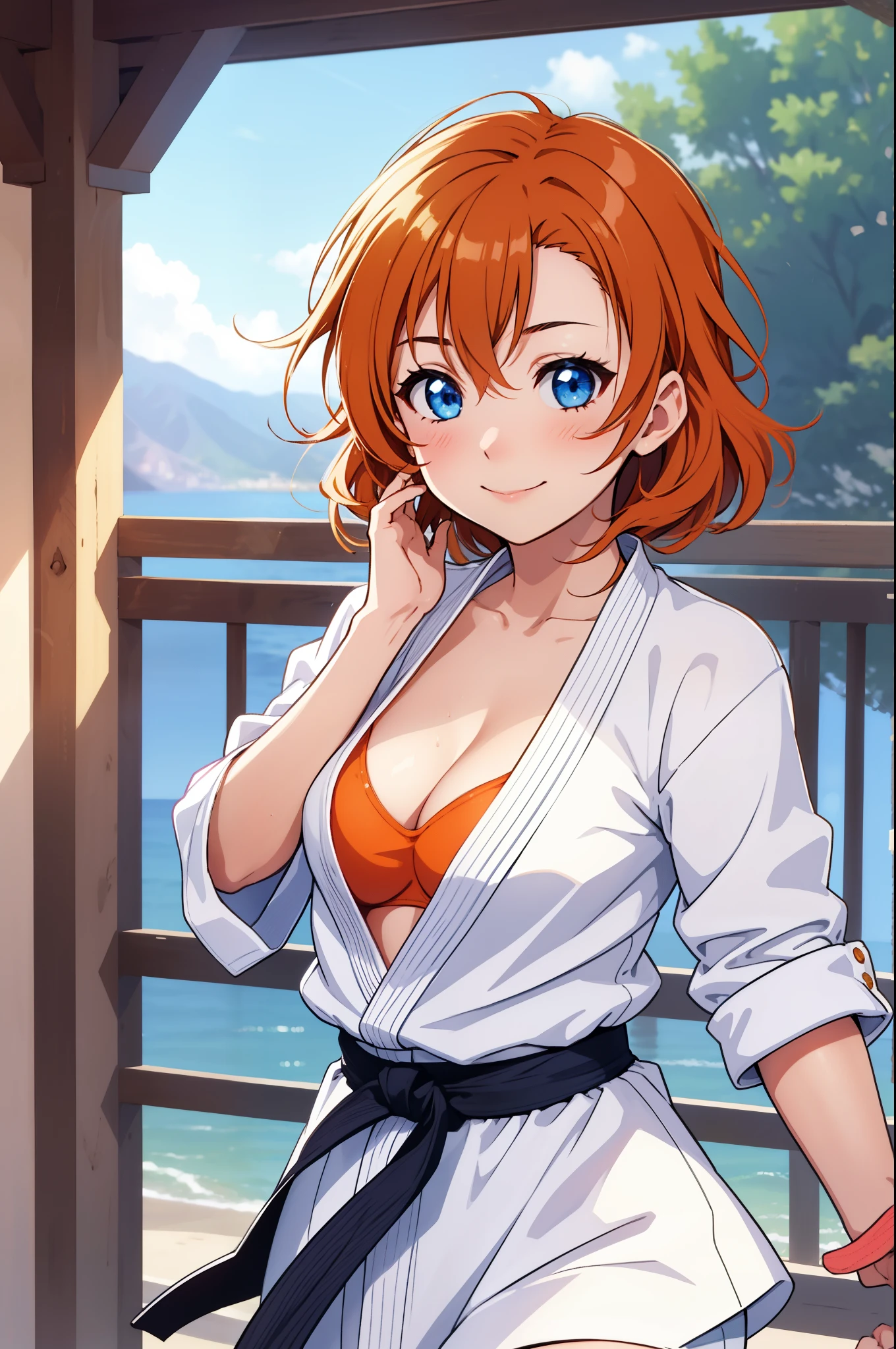 (Masterpiece, Best Quality, High Quality), upper body,volumetric lighting, illustration, beautiful, perfect lighting, perfect shadows, (breathtaking scenery:1.1), blushing, facing viewer, standing,Kousaka honoka, blue eyes, orange hair,karate gi,white karate custom, big breasts,no bra, cleavage, sweating, smile