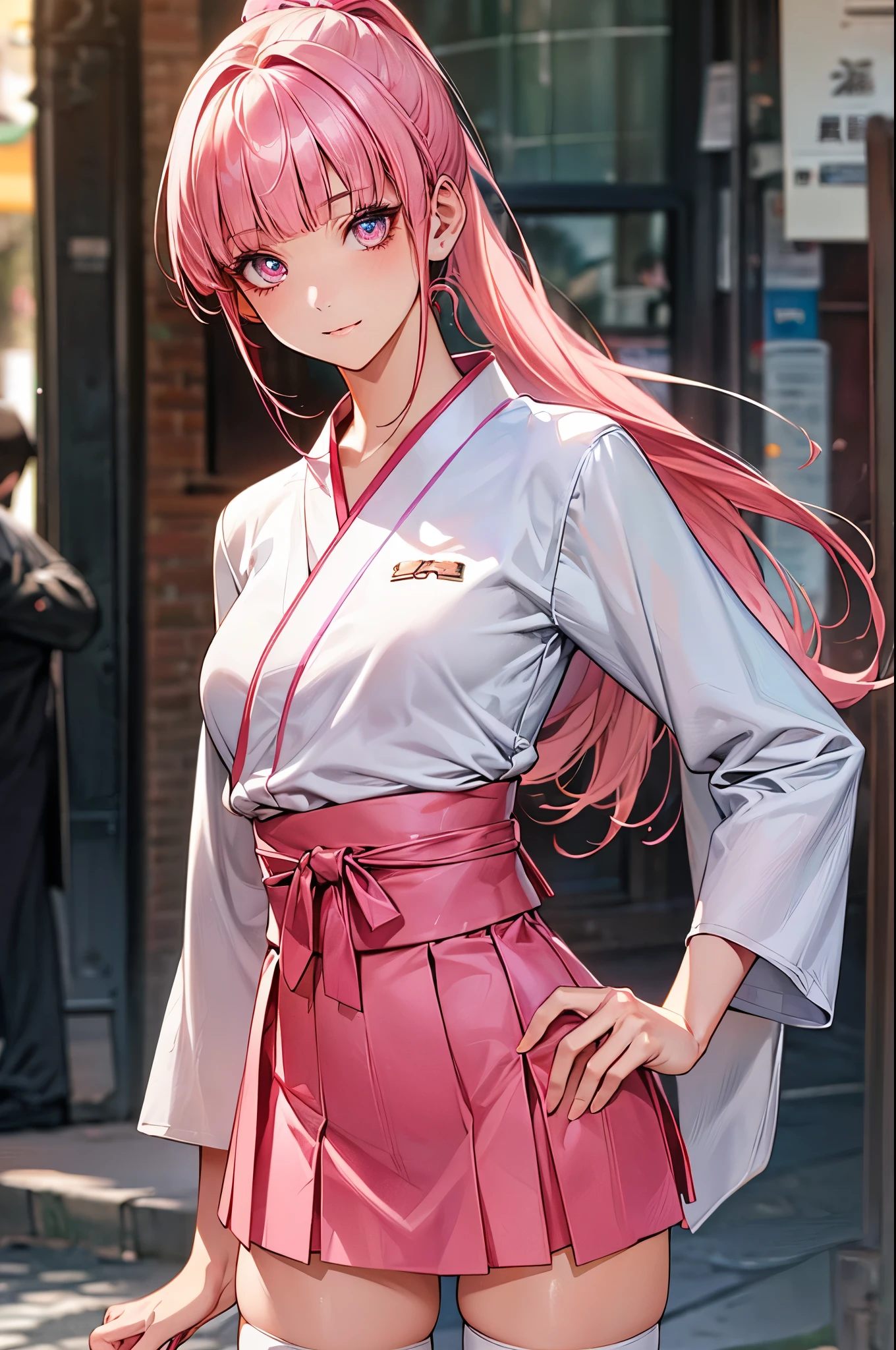 ((perfect anatomy,realistic,:1.3,RAW Photography:1.3,masterpiece、highest quality、Ultra - High resolution、High resolution、Highly detailed CG、8K)),cowboy shot,1 female,solo,20 year old beauty,((beautiful detailed face and eyes,big gorgeous eyes),pink eyes,(pink hair,ponytail,long hair,blunt bangs,straight hair)),(medium breasts,slender body,small head,skinny,tan skin,gleaming skin,shiny skin),(white kimono,pink micromini skirt,white_thighhighs),on street,Tokyo、