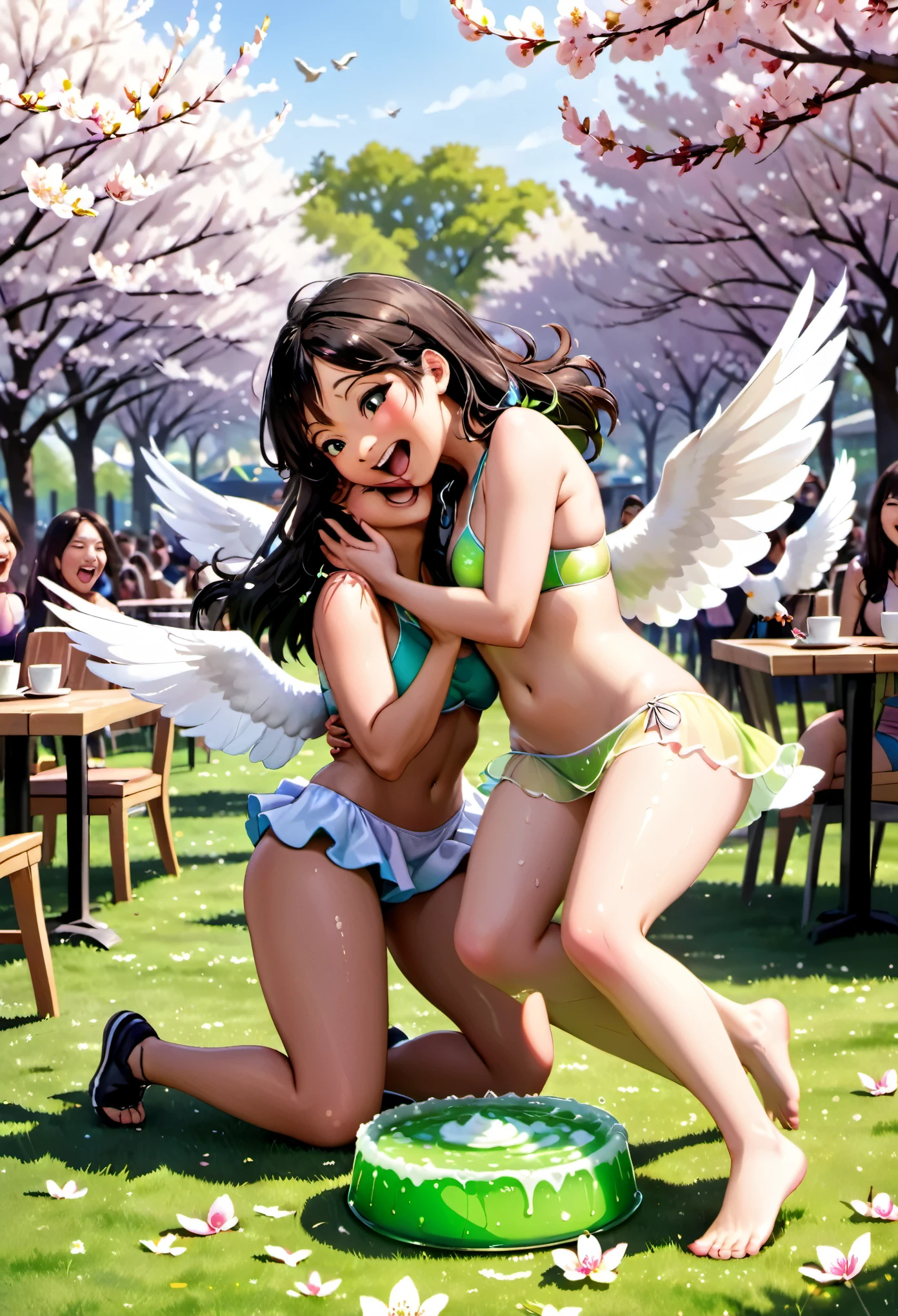 (best quality, highres),spring morning,Jello wrestling,2 extremely cute Asian women,bikinis,giggling,wrestling,playful,energetic,interactive,American crowd,cheering,laughing,surprised expressions,having fun,refreshing,green lime Jello,vibrant colors,transparent,vat of jello,shaking Jello,jiggly texture,wobbly,wrestling mat,bouncy,tables,crowd,coffee,excited chatter,lively atmosphere,relaxed,joyful,Sunday brunch,beautiful weather,outdoor setting,sunshine streaming,shadows,faint breeze,green grass,trees in bloom,flowering cherry blossoms,pink and white petals,pigeons fluttering,background noise of birds chirping,freshly brewed coffee aroma,filled with happiness and laughter,memorable moment,photorealistic,crisp details,vivid colors,pulsating energy,sunny disposition,embrace of spring.