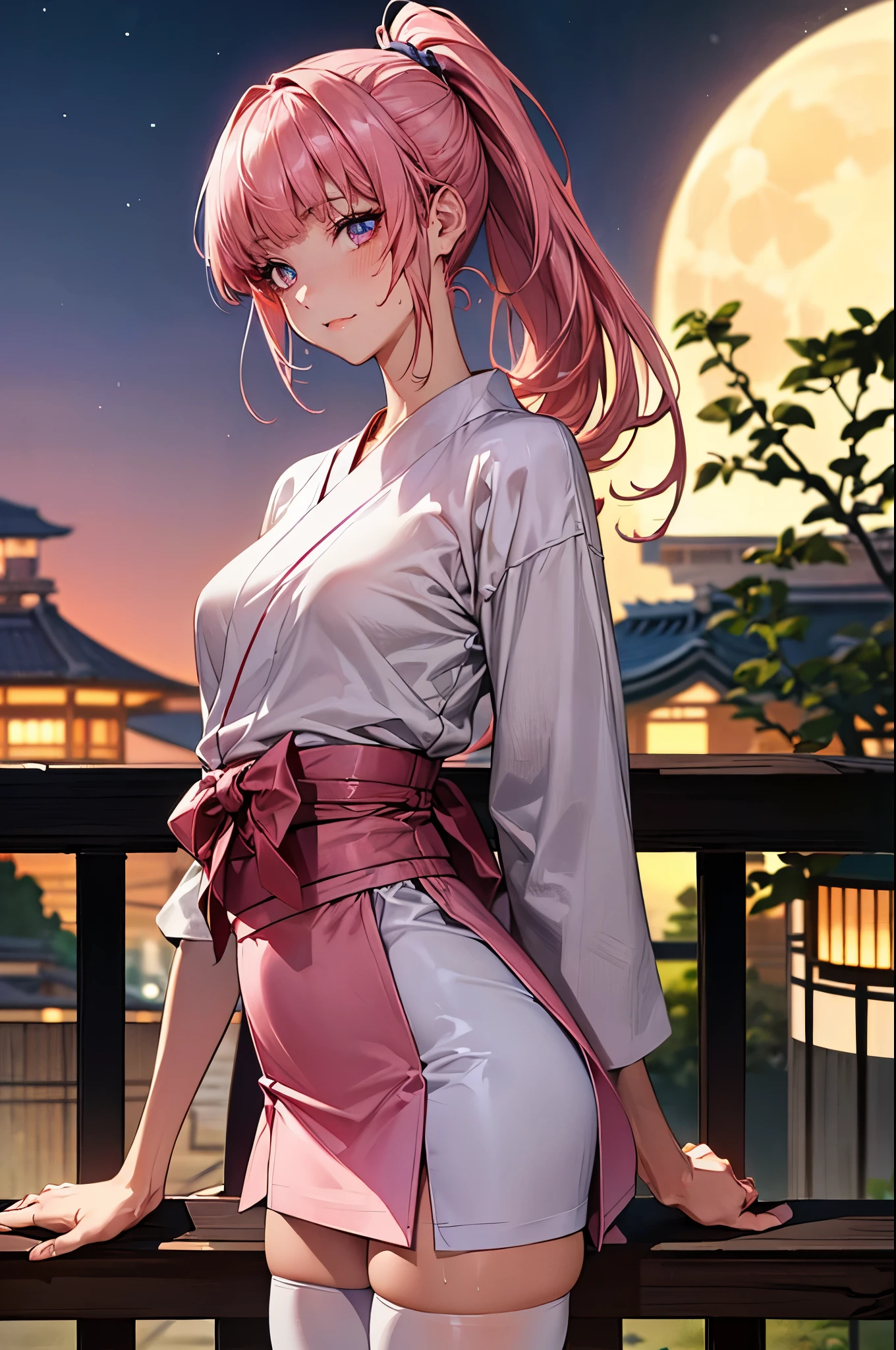 ((perfect anatomy,realistic,:1.3,RAW Photography:1.3,masterpiece、highest quality、Ultra - High resolution、High resolution、Highly detailed CG、8K)),cowboy shot,1 female,solo,20 year old beauty,((beautiful detailed face and eyes,big gorgeous eyes),pink eyes,(pink hair,ponytail,long hair,blunt bangs,straight hair)),(medium breasts,slender body,small head,skinny,tan skin,gleaming skin,shiny skin,sweat),(white kimono、pink mini skirt,white_thighhighs),Japanese style house、Tokyo、at night、moonlight、