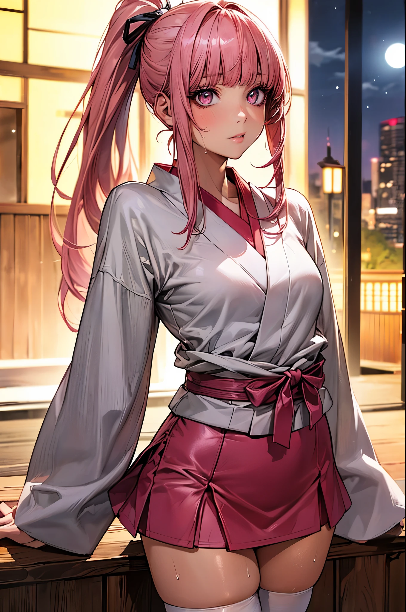 ((perfect anatomy,realistic,:1.3,RAW Photography:1.3,masterpiece、highest quality、Ultra - High resolution、High resolution、Highly detailed CG、8K)),cowboy shot,1 female,solo,20 year old beauty,((beautiful detailed face and eyes,big gorgeous eyes),pink eyes,(pink hair,ponytail,long hair,blunt bangs,straight hair)),(medium breasts,slender body,small head,skinny,tan skin,gleaming skin,shiny skin,sweat),(white kimono、pink mini skirt,white_thighhighs),Japanese style house、Tokyo、at night、moonlight、