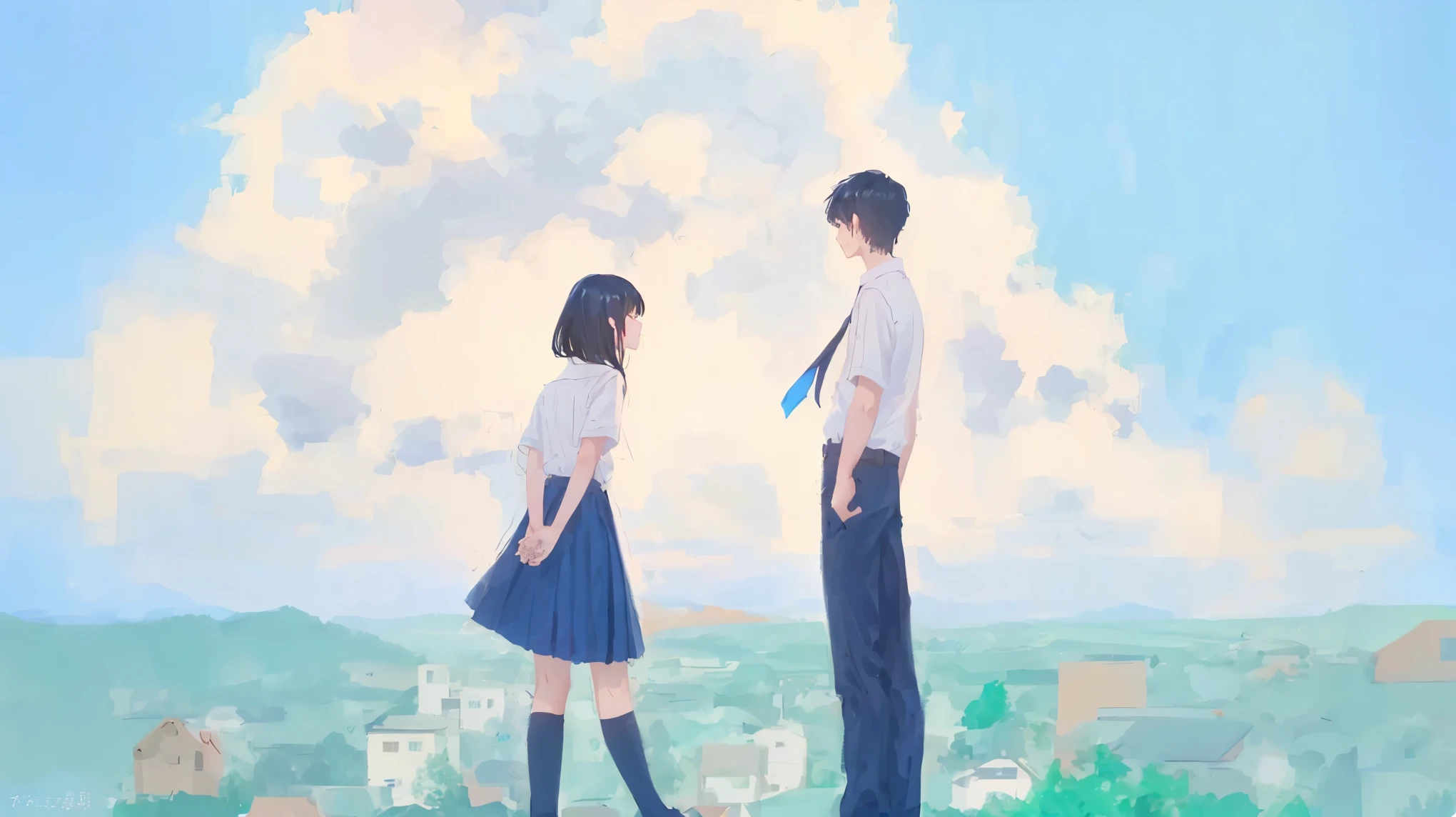girl and boy student wearing , black hair, blue sky, ultra detailed, 8k, masterpiece, ultra high res