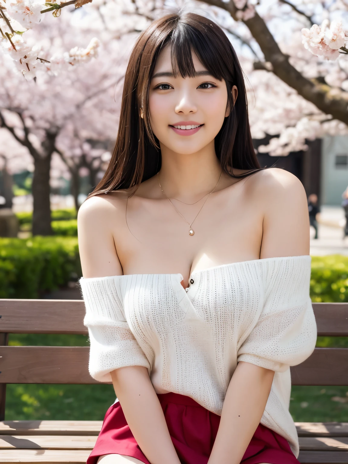 Highly detailed CG Unity 8K wallpaper, highest quality, Super detailed, masterpiece, realistic, realistic, highly detailed japanese girl, (19 years old), round eyes, A familiar face that seems familiar、 semi body shot,  High resolution RAW color photos, professional photos, girl portrait、anatomically correct body shape、healthy body shape、blonde、smile、sexy chest、rough skin、a little freckleole on chest、necklace、dimples、tanned skin、no makeup、No makeup,off shoulder knit、So that it is reflected up to the knees,spring、Cherry blossom viewing together、cherry blossoms、cleavage、sitting on the bench、Panty shot、mini skirt、Burachira