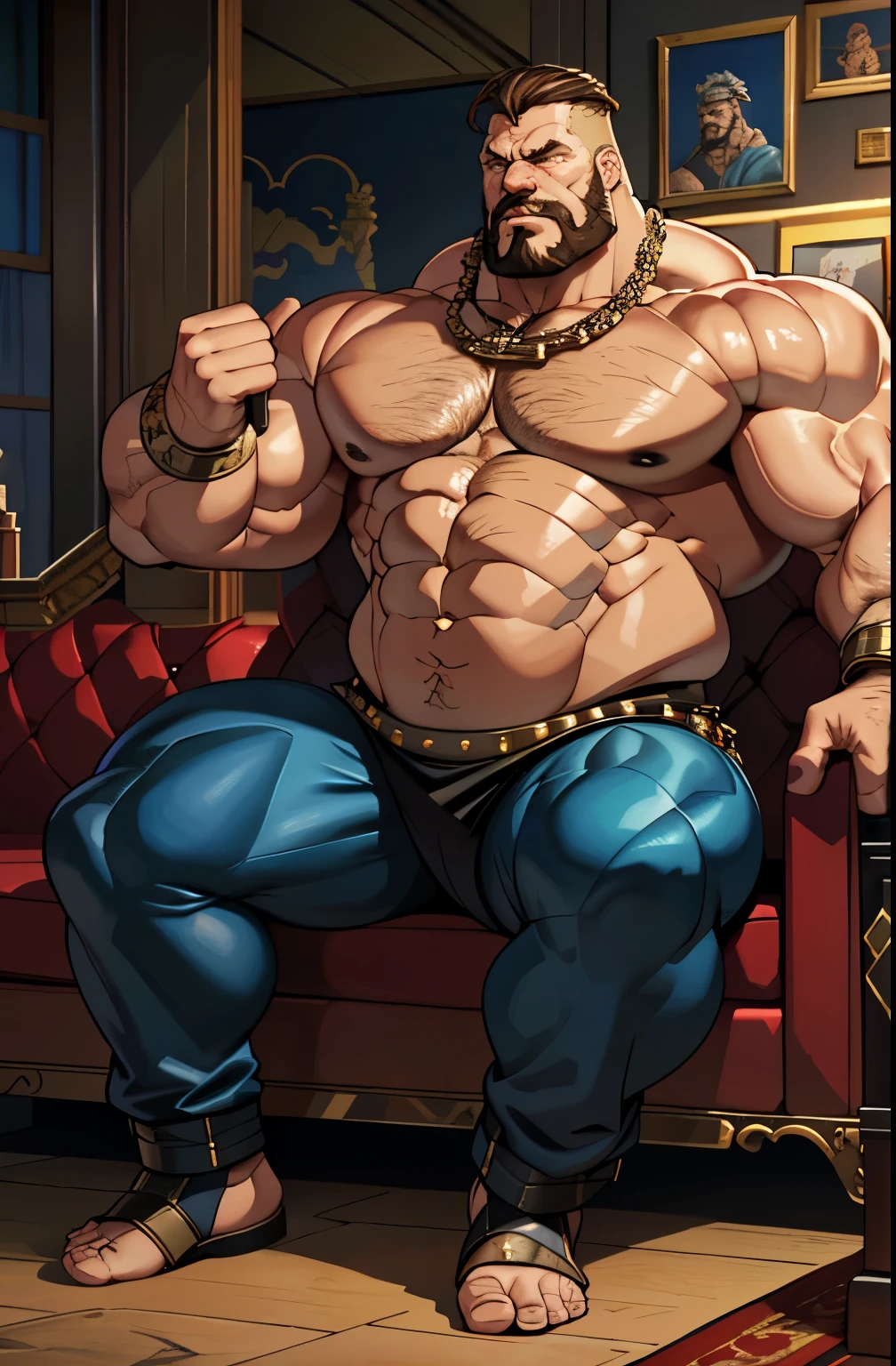 there is a man sitting on a red couch with a chain around his neck, gigachad muscular, strong and imposing, beefy, muscular male hero, muscular character, portrait of rugged zeus, fluffy chest, large muscles, most strongest pose, beefcake pose, big biceps, buff man, heroic masculine pose, big muscles, commission for high res, furious god zeus