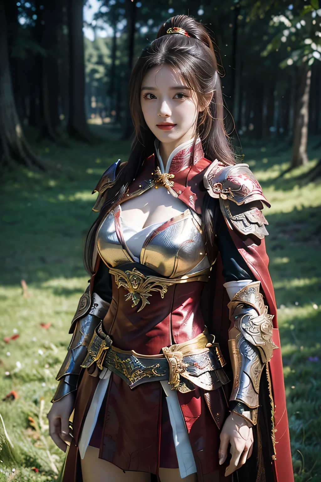 masterpiece,Best quality,A high resolution,8K,Original photo,real photo,Ancient city wall battlefield background,((field:1.8)),digital photography,(Female generals on the battlefield in the Han Dynasty),(((standing on the grass))),18-year-old girl,(long ponytail hairstyle),cparted lips,Full and erect breasts,Noble and charming,Elegant and serious,(Thick purple fish scale armor),Long red cape,The combination of white metal and red leather,Chest covered with gold armor,metallic luster,Leather buckle,Exquisite pattern,mysterious badge,Cool and gorgeouig breasts)),Chest groove,Three Kingdoms character painting style,Photo pose,oc render reflection texture,bright shades,No shadows on the face,charming smile,Head-up shot,