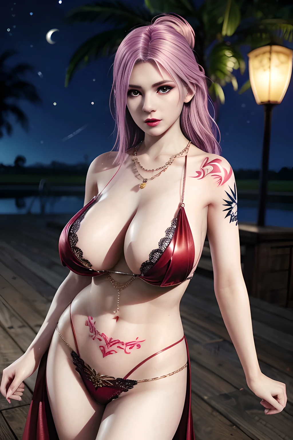 1 girl,standing posture,(Gauze nightgown), thong, body chain, outdoor,elegant,nighttime,moonlighe,shiny skin,( huge breasts), red lips,( tattoos:1.3), masterpiece, best quality, realistic ,Rich artistic colors, 8K,soft shadows,Portrait art,solo,  elise,