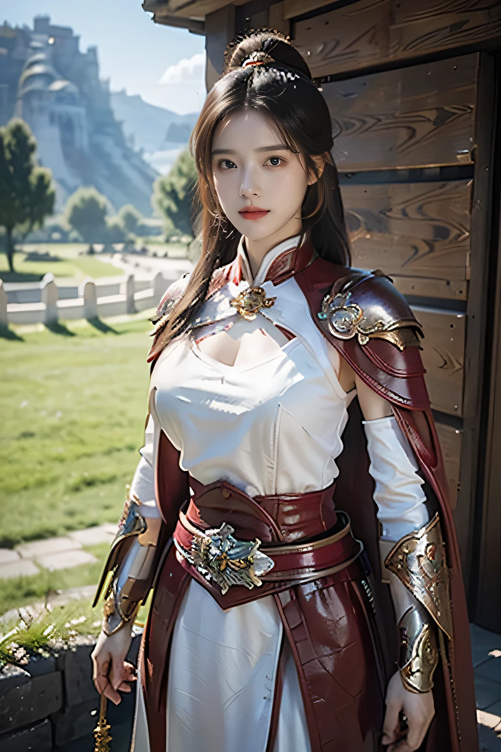 masterpiece，Best quality，A high resolution，8K，Original photo，real photo，Ancient city wall battlefield background,((field：1.8))，digital photography，(Female generals on the battlefield in the Han Dynasty)，(((standing on the grass)))，18-year-old girl，（long ponytail hairstyle)，cparted lips，Full and erect breasts，Noble and charming，Elegant and serious，(Thick purple fish scale armor），Long red cape，The combination of white metal and red leather，Chest covered with gold armor，metallic luster，Leather buckle，Exquisite pattern，mysterious badge，Cool and gorgeouig breasts))，Chest groove，Three Kingdoms character painting style，Photo pose，oc render reflection texture，bright shades，No shadows on the face，charming smile，Head-up shot，