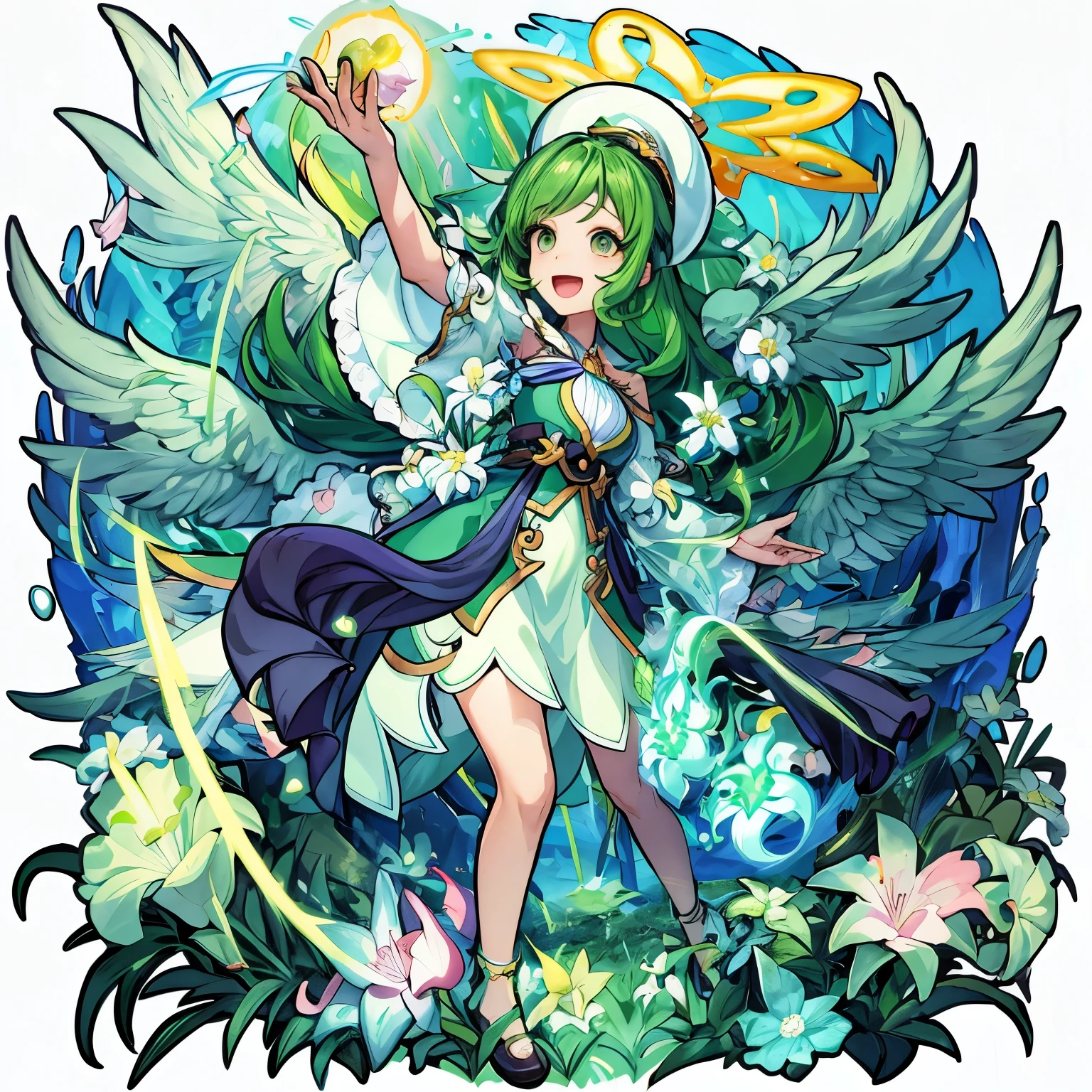 Cartoon image of a woman with green hair and wings, goddess of spring, lady Palt's, goddess of nature, Palt's, official artwork, non-binary god of spring, beautiful young wind spirit, official character art, Emerald Herald, maplestory character art, heavenly aura, astral fairy, goddess of summer, official art, beautiful heavenly magician