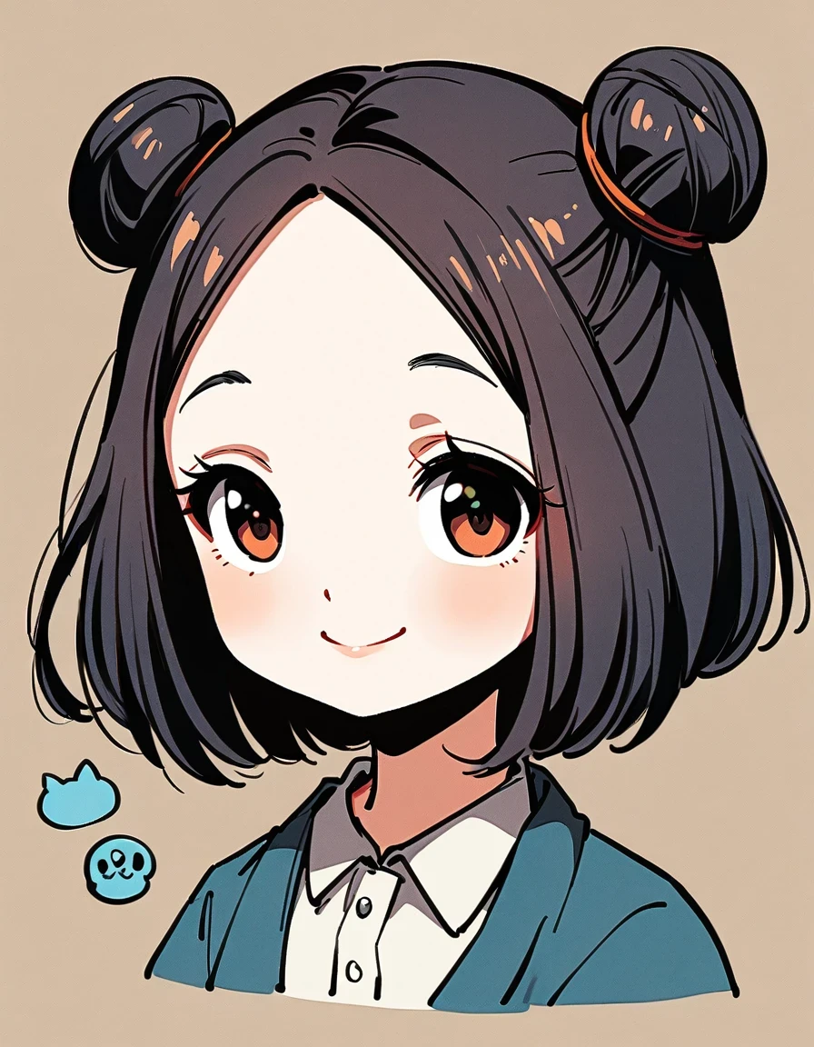 Flat illustration style playful and cool Chinese girl with black ancient bun hairstyle, wearing gentle blue jacket, earrings, smiling face, white skin, short hair, beige background, 