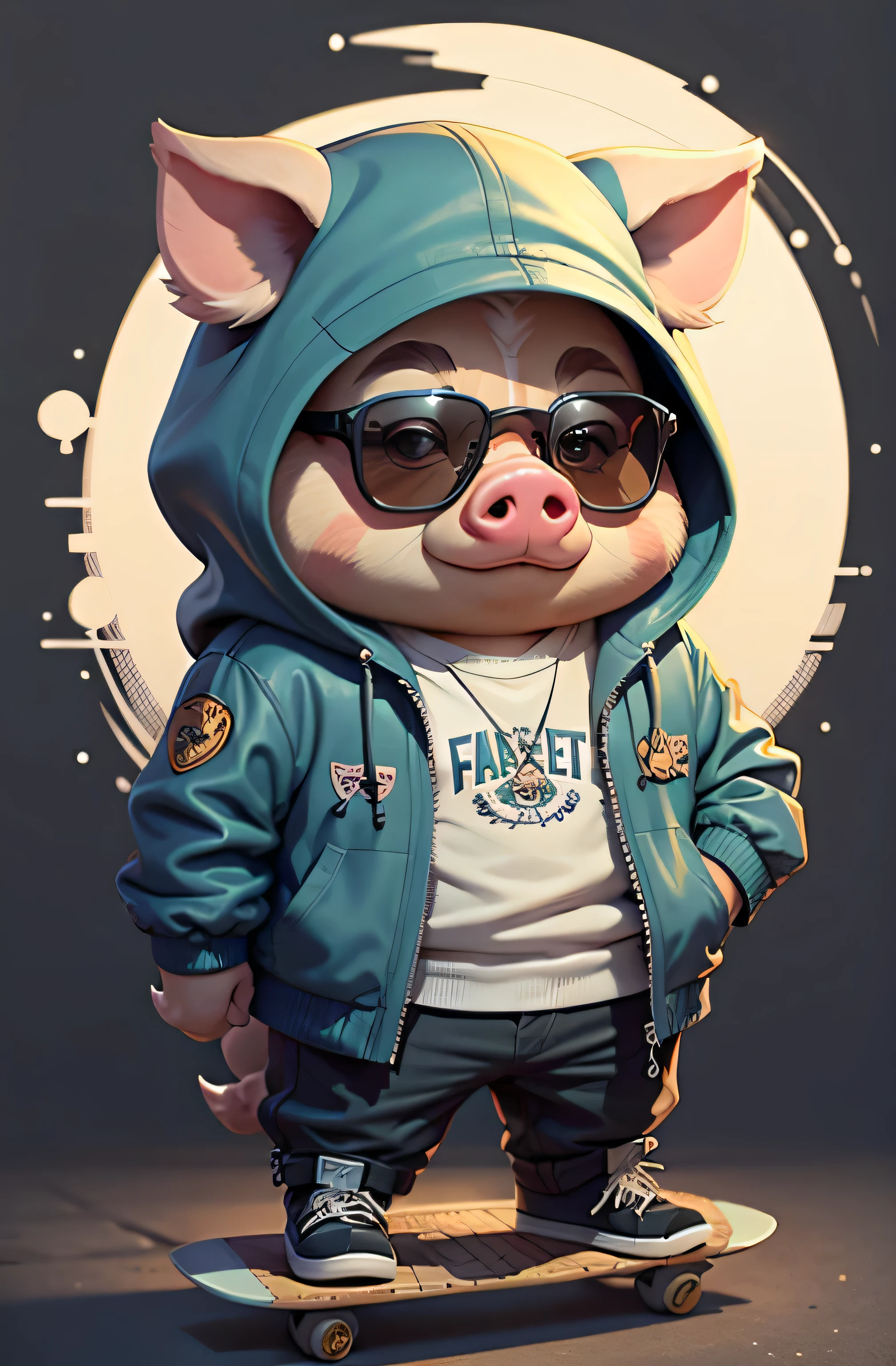 C4tt4stic, Cartoon pig in jacket and skateboard, Sunglasses, cute, chuby, plumpy, dynamic background