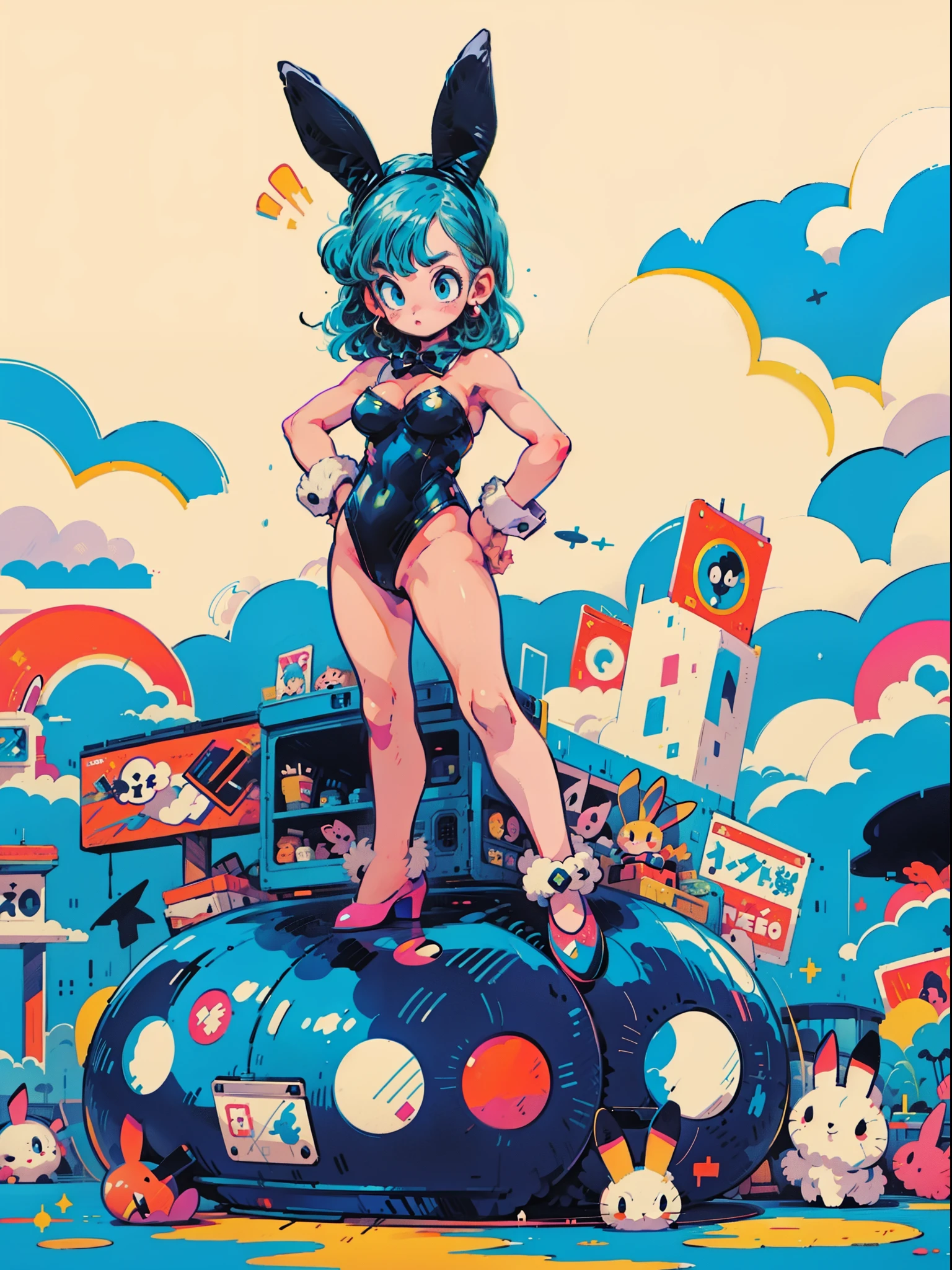 1girl, solo, (masterpiece), best quality, ultra-detailed, Akira Toriyama style, Bulma from Dragon Ball, Retro style, full body. (playboy bunny:1.5), black leotard, fancy, fishnet stockings