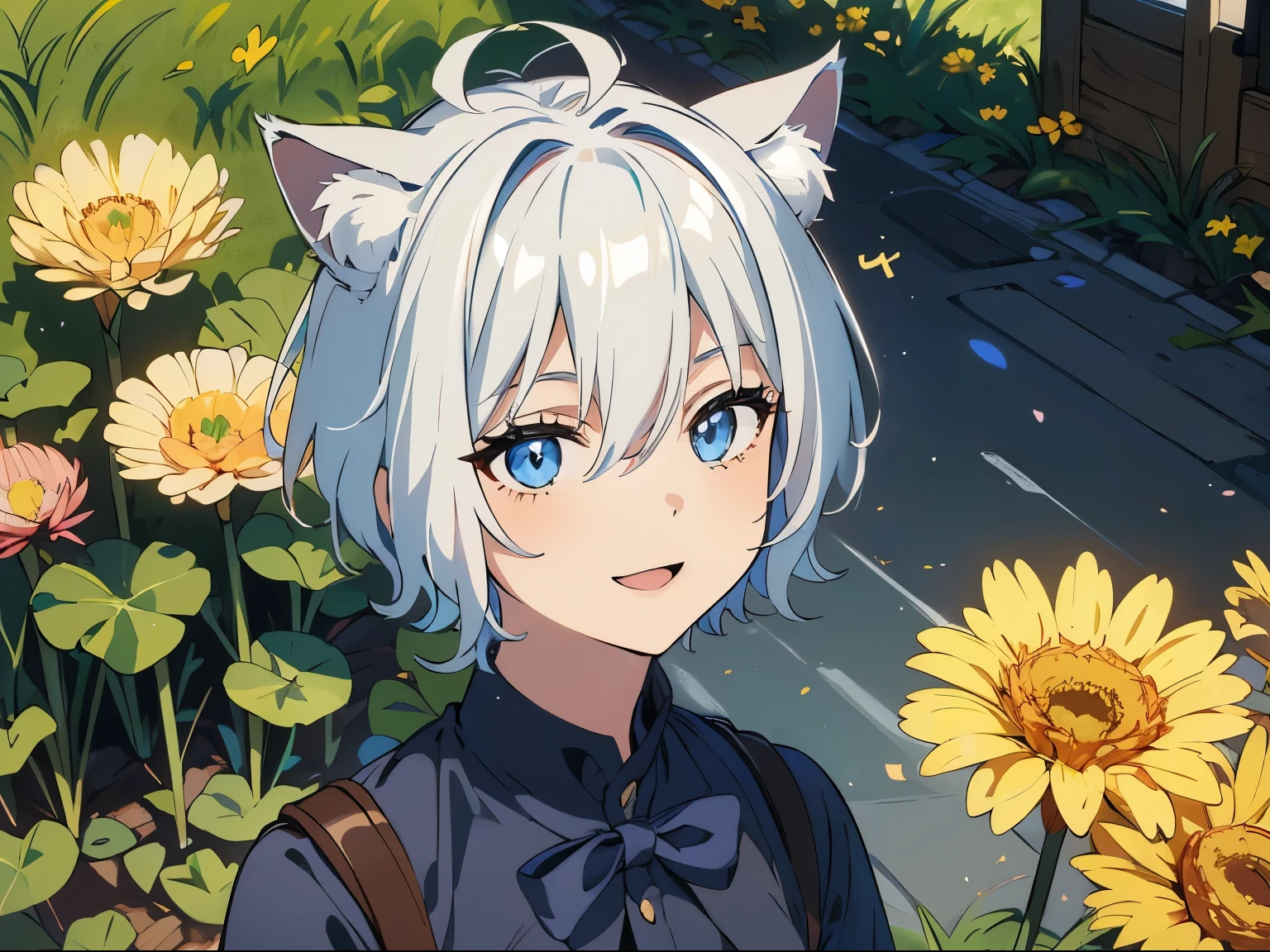 (highest quality), (masterpiece), 1080p, hd, 4k, 8K, masterpiece, 1 person，(boy:1.5)，Cat ear，Cat earのティーンエイジャー(gray hair, short hair) ，magic，beautiful eyes、depicted in detail，smile，spring cheerfulness，Dandelion，on the road